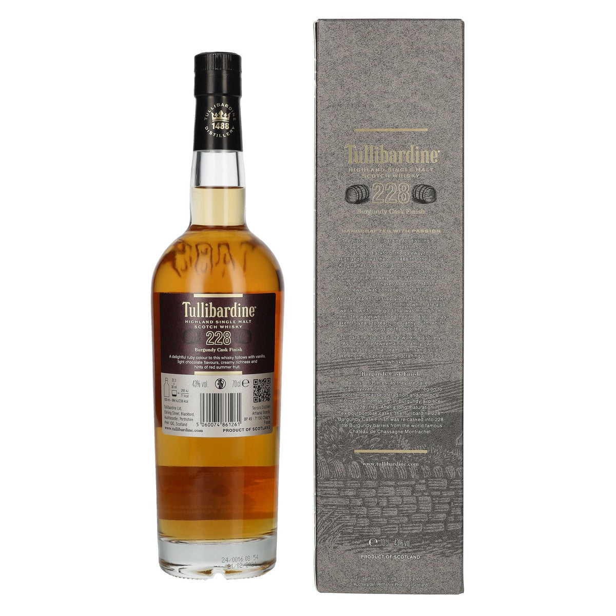 Tullibardine 228 Burgundy Finish, whisky single malt des Highlands, 43 % vol., 0,7 l, dans un coffret cadeau
