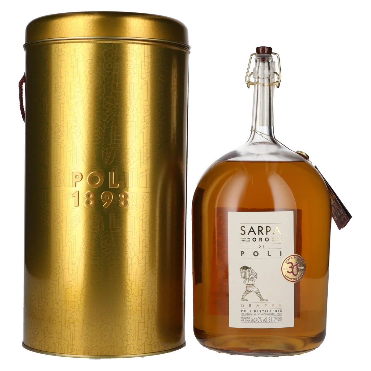 Poli Grappa Sarpa Oro di Poli 40% vol. 3 l in blikken doos