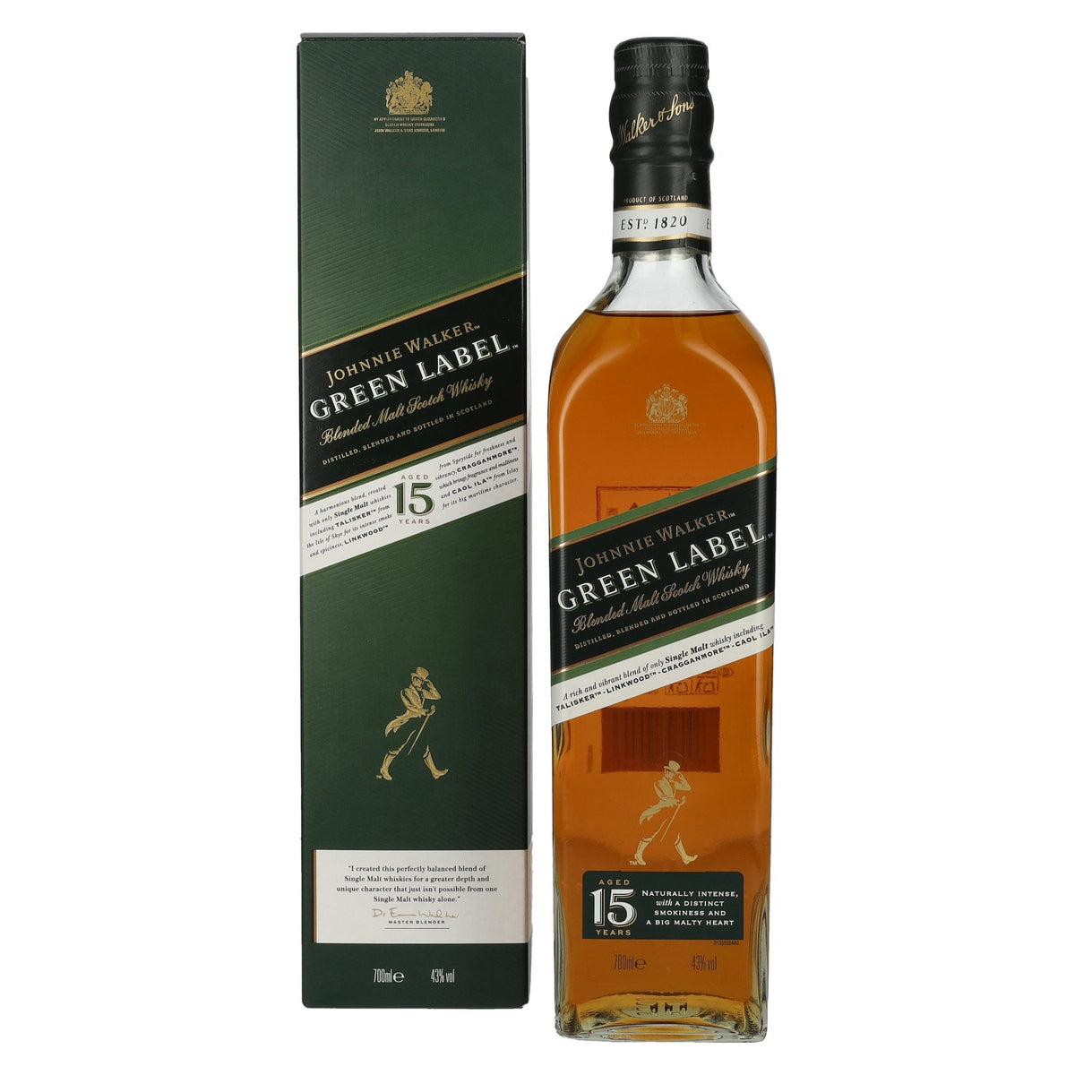 Johnnie Walker Green Label 15 ans d'âge, 43 % vol., 0,7 l, dans un coffret cadeau