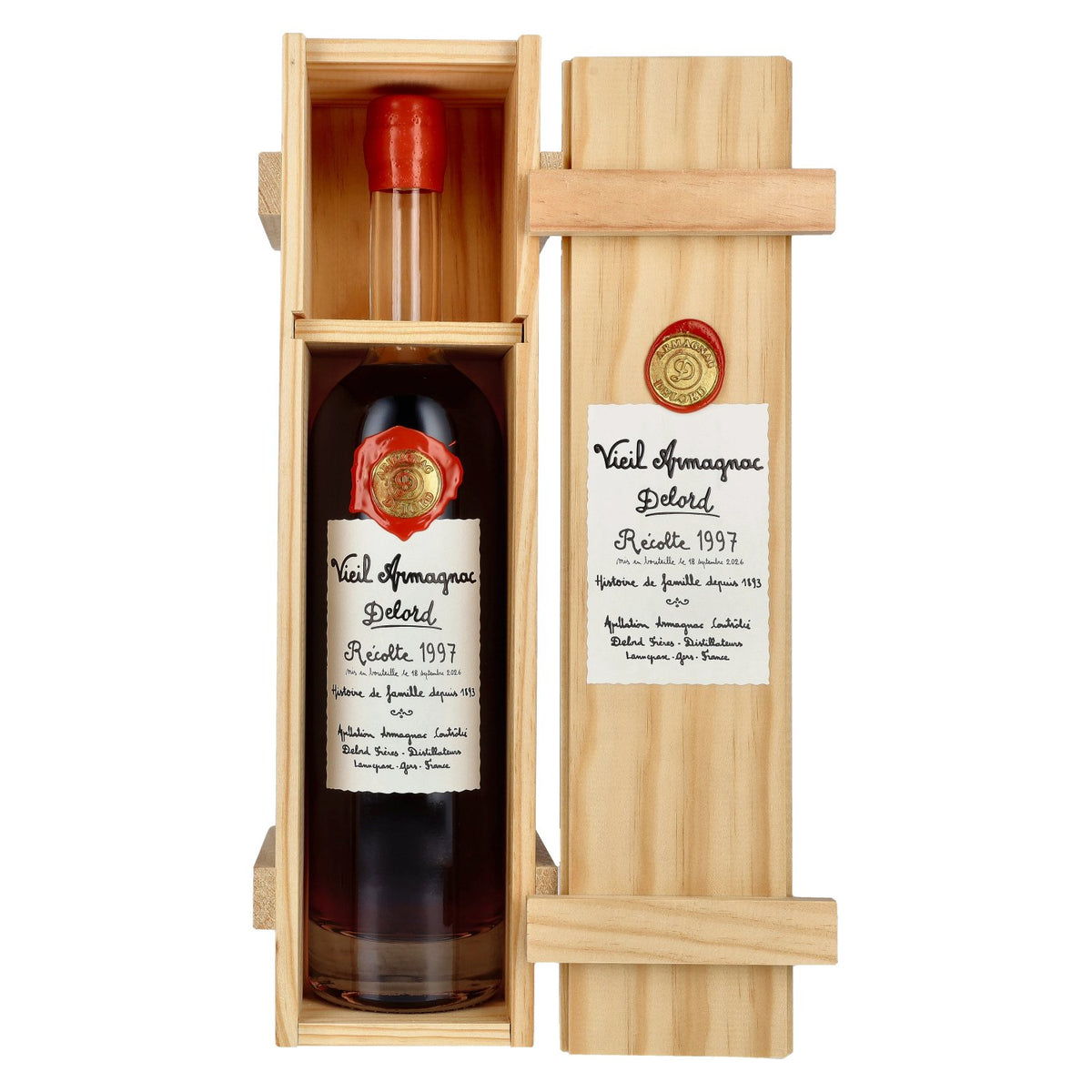 Oude Armagnac Delord Vintage Récolte 1997 40% vol. 0,7 l in houten kist