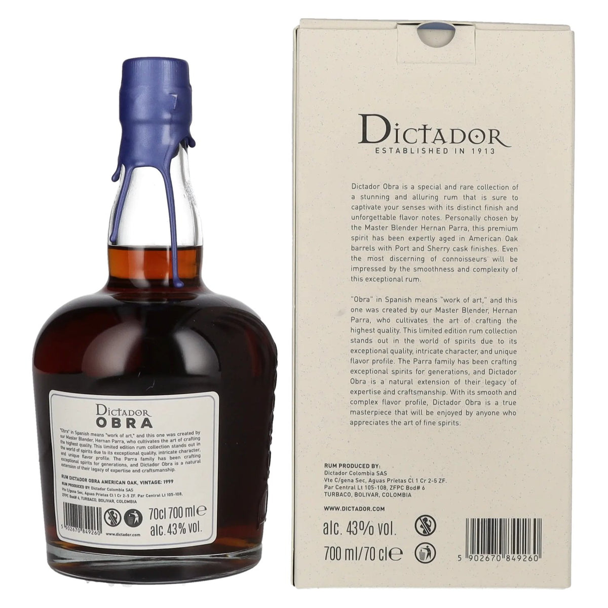 Dictador OBRA VINTAGE 24 Years Old AMERICAN OAK CASK Rum 1999 43% Vol. 0,7l in Geschenkbox