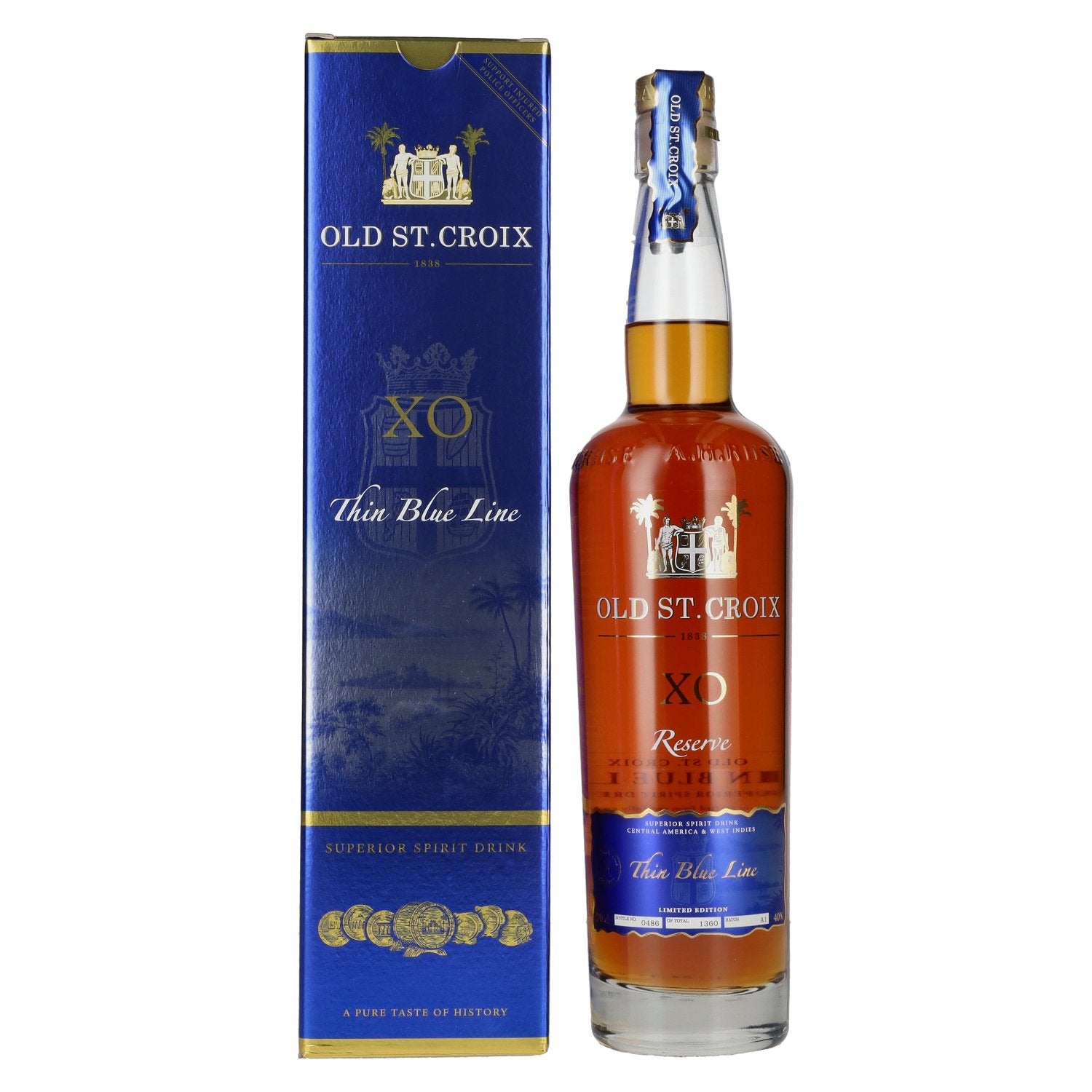 Oud St. Croix A.H. Riise X.O. THE THIN BLUE LINE Gedistilleerde drank 40% Vol. 0,7l in geschenkverpakking