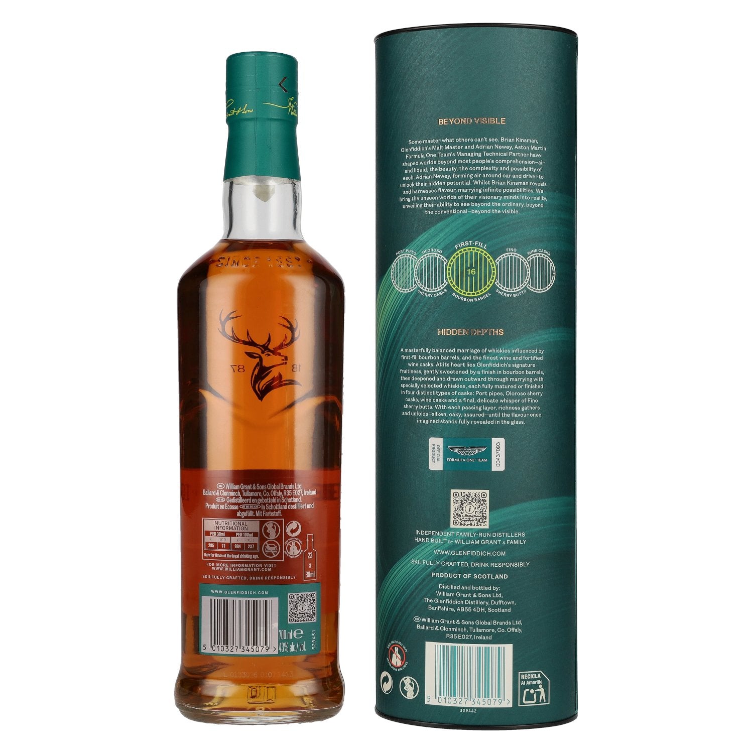 Glenfiddich 16 ans d'âge ASTON MARTIN FORMULA ONE TEAM Single Malt Scotch Whisky Édition 2, 43 % vol., 0,7 l, dans un coffret cadeau