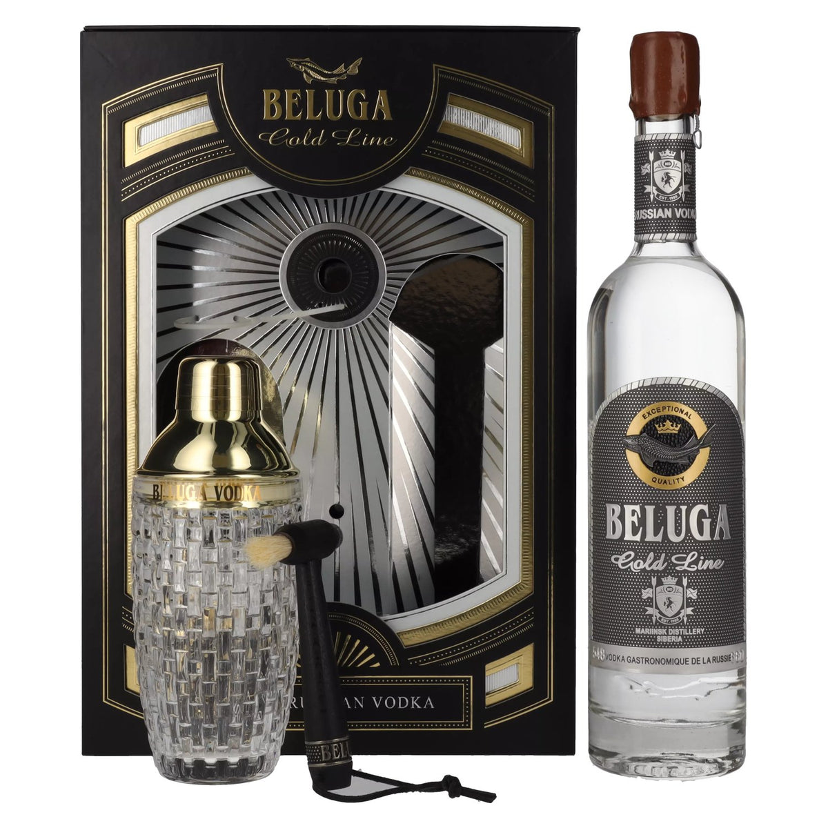 Beluga Gold Line Noble Russian Vodka 40% vol. 0.7l in geschenkverpakking met borstel en shaker