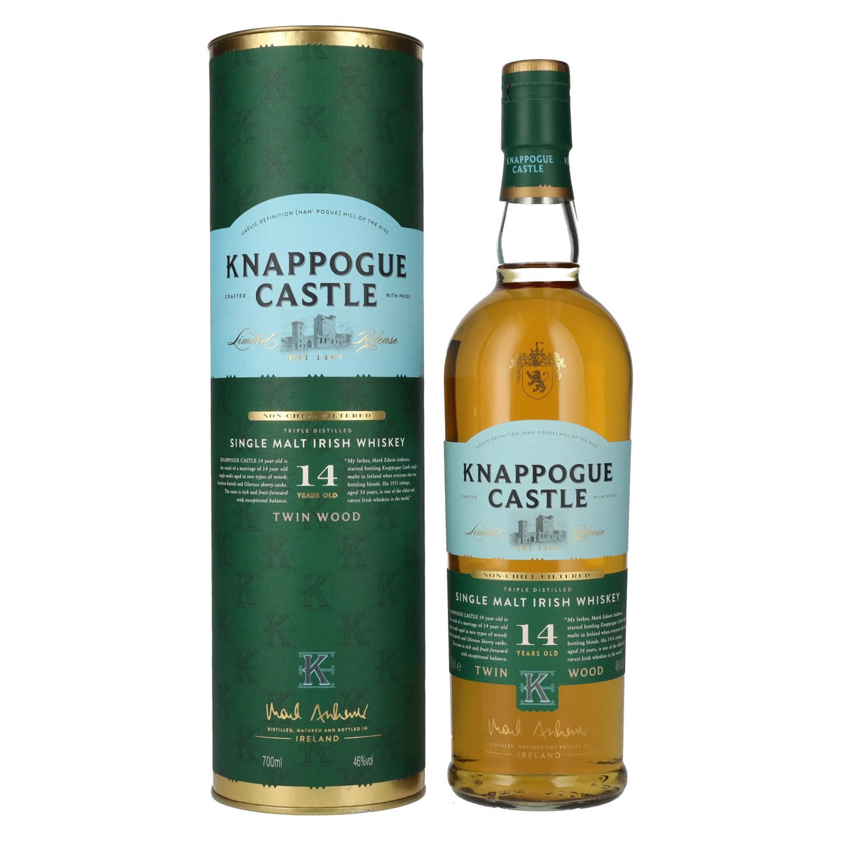 Knappogue Castle Whiskey 14 Years Old TWIN WOOD Ierse whisky 46% vol. 0,7 l in geschenkverpakking