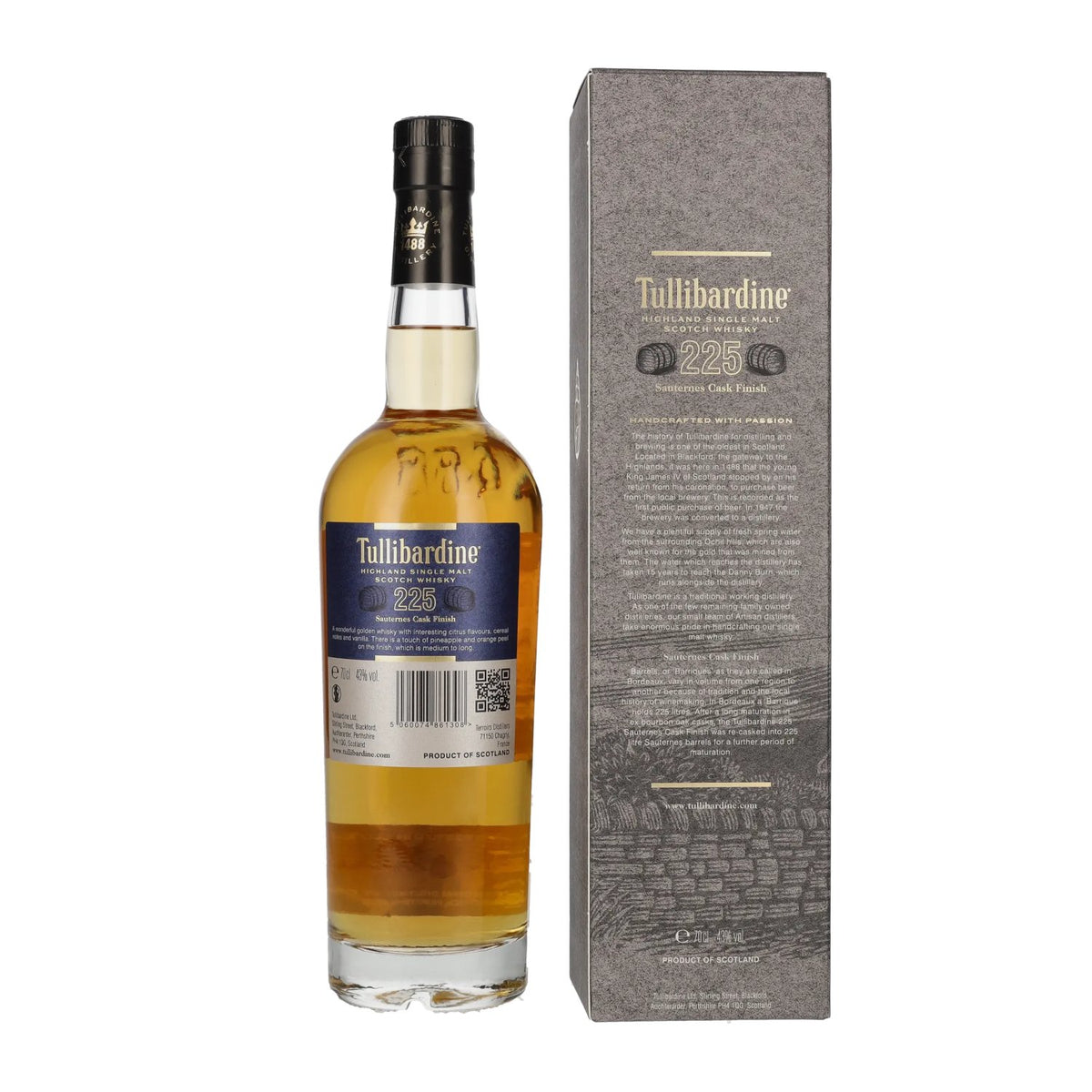 Tullibardine 225 Sauternes Finish, whisky single malt des Highlands, 43 % vol., 0,7 l, dans un coffret cadeau