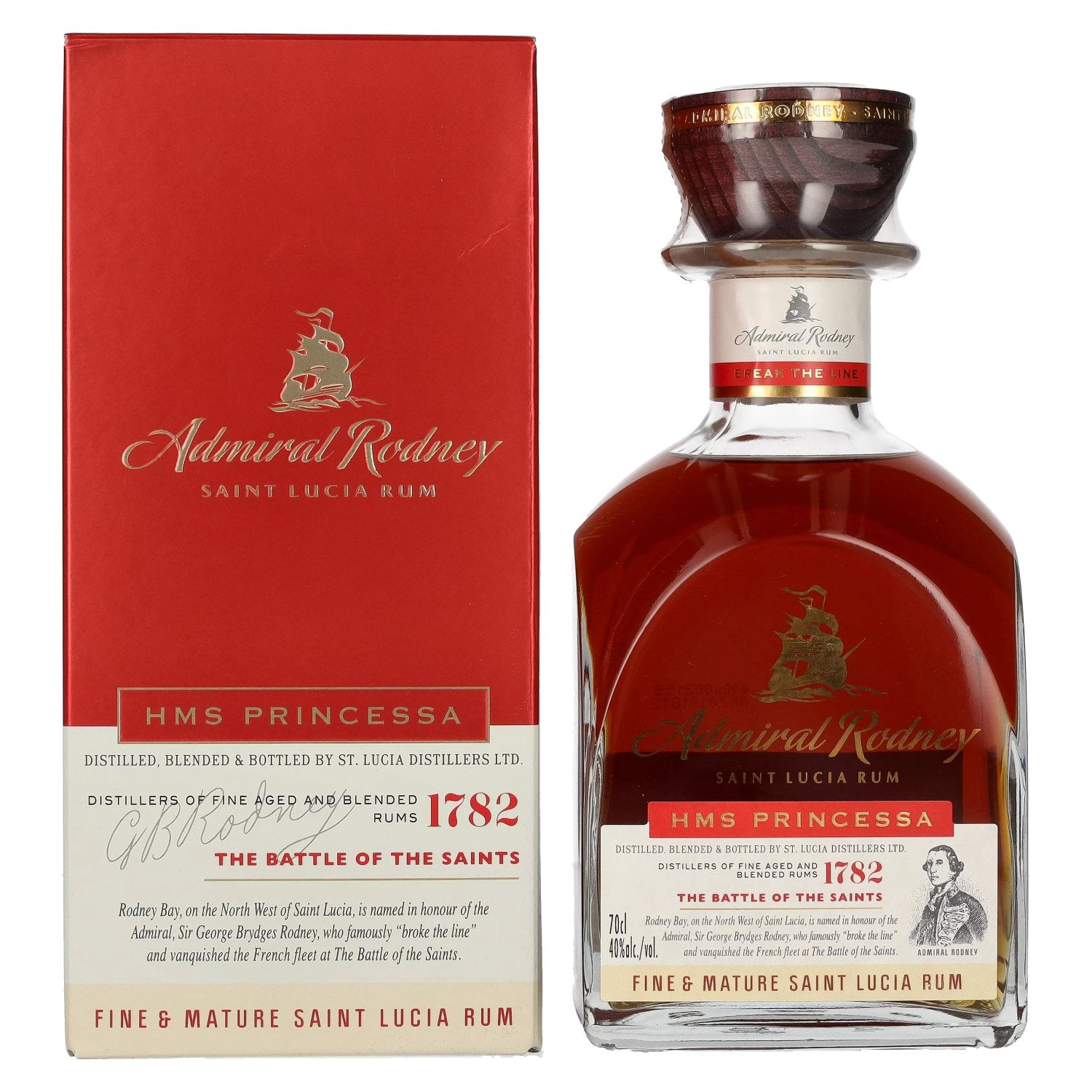 Admiral Rodney HMS PRINCESSA Fine &amp; Mature Saint Lucia Rum 40% Vol. 0,7l en boîte cadeau