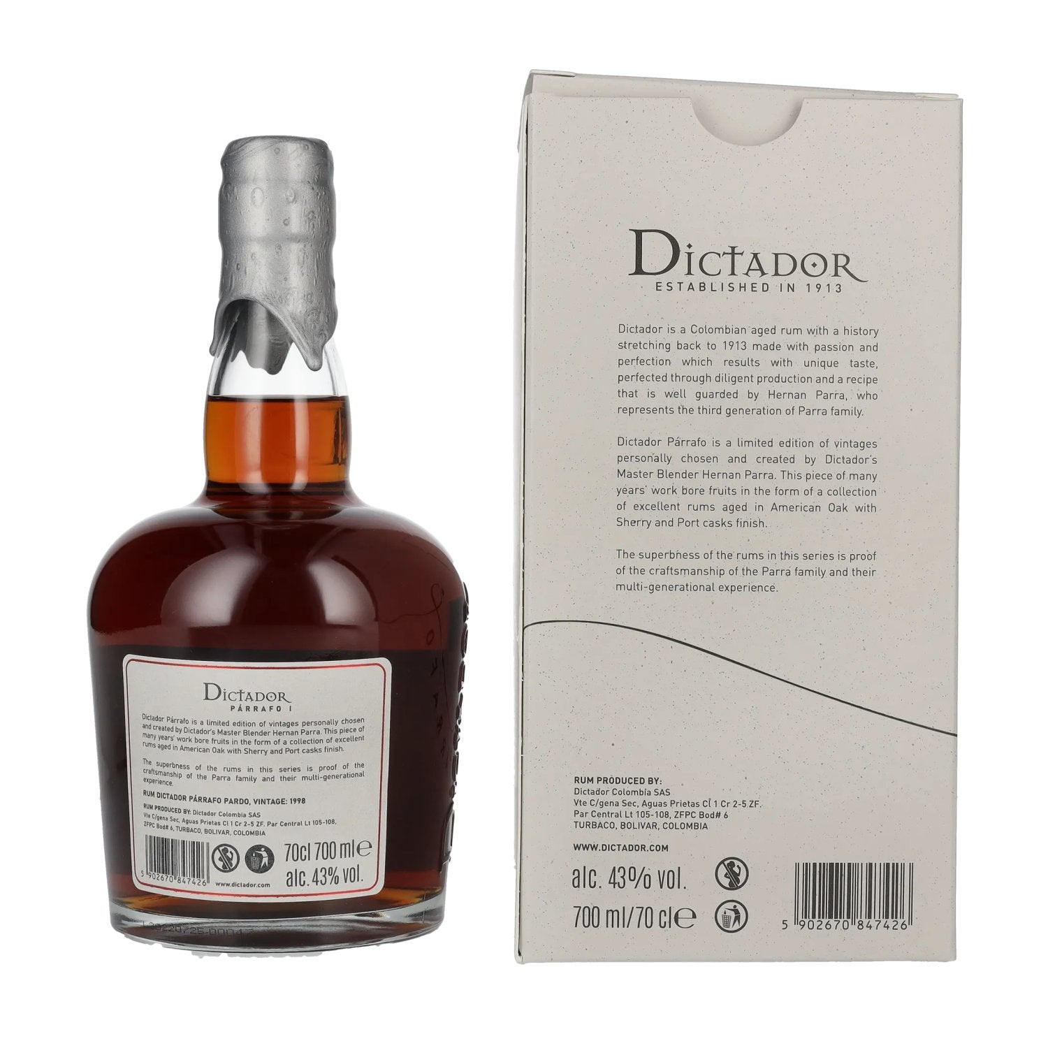 Dictador PÁRRAFO I 24 Years Old PARDO Vintage 1998 43% Vol. 0,7l in gift box