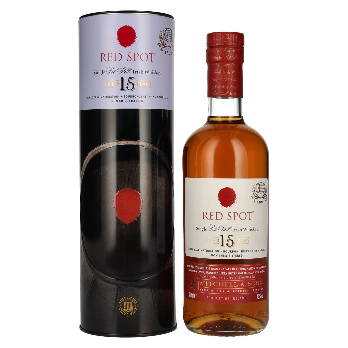 Spot Whiskey irlandais 15 ans d'âge, Single Pot Still, 46 % vol., 0,7 l, dans une boîte en fer-blanc
