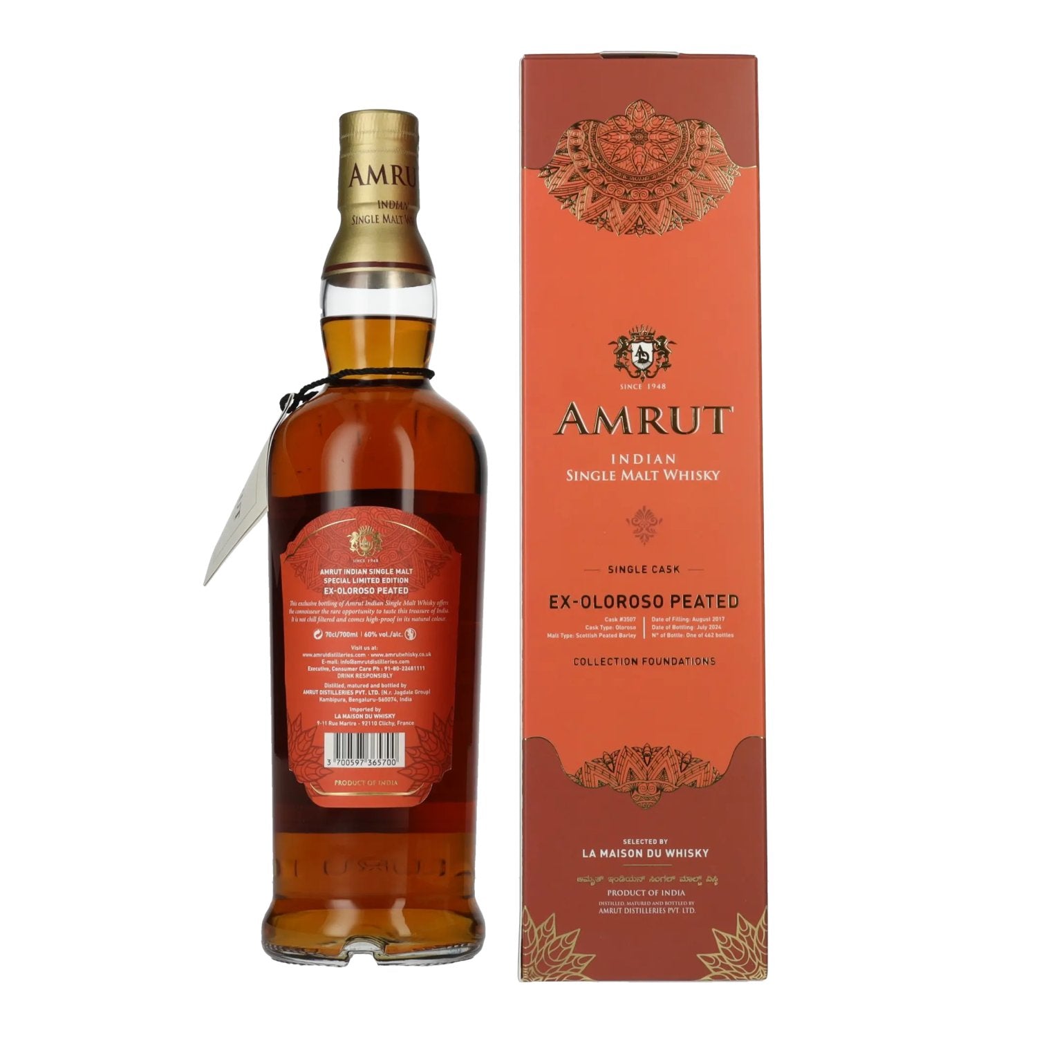 Amrut Ex-Oloroso Peated Indian Single Malt Whisky Collection Foundations 60% Vol. 0,7l in gift box