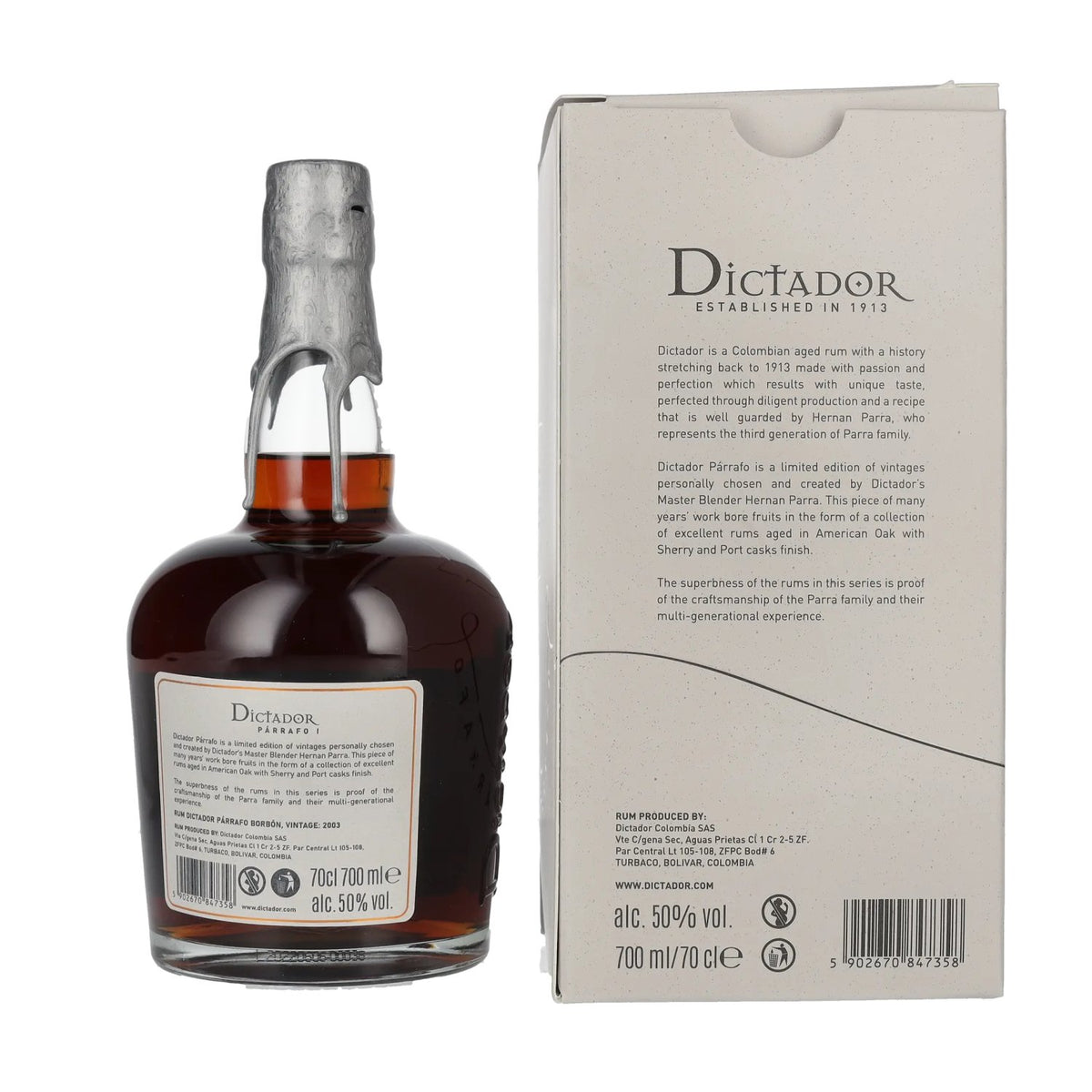 Dictador PÁRRAFO I 19 Years Old BORBÓN Vintage 2003 50% vol. 0.7 l in a gift box