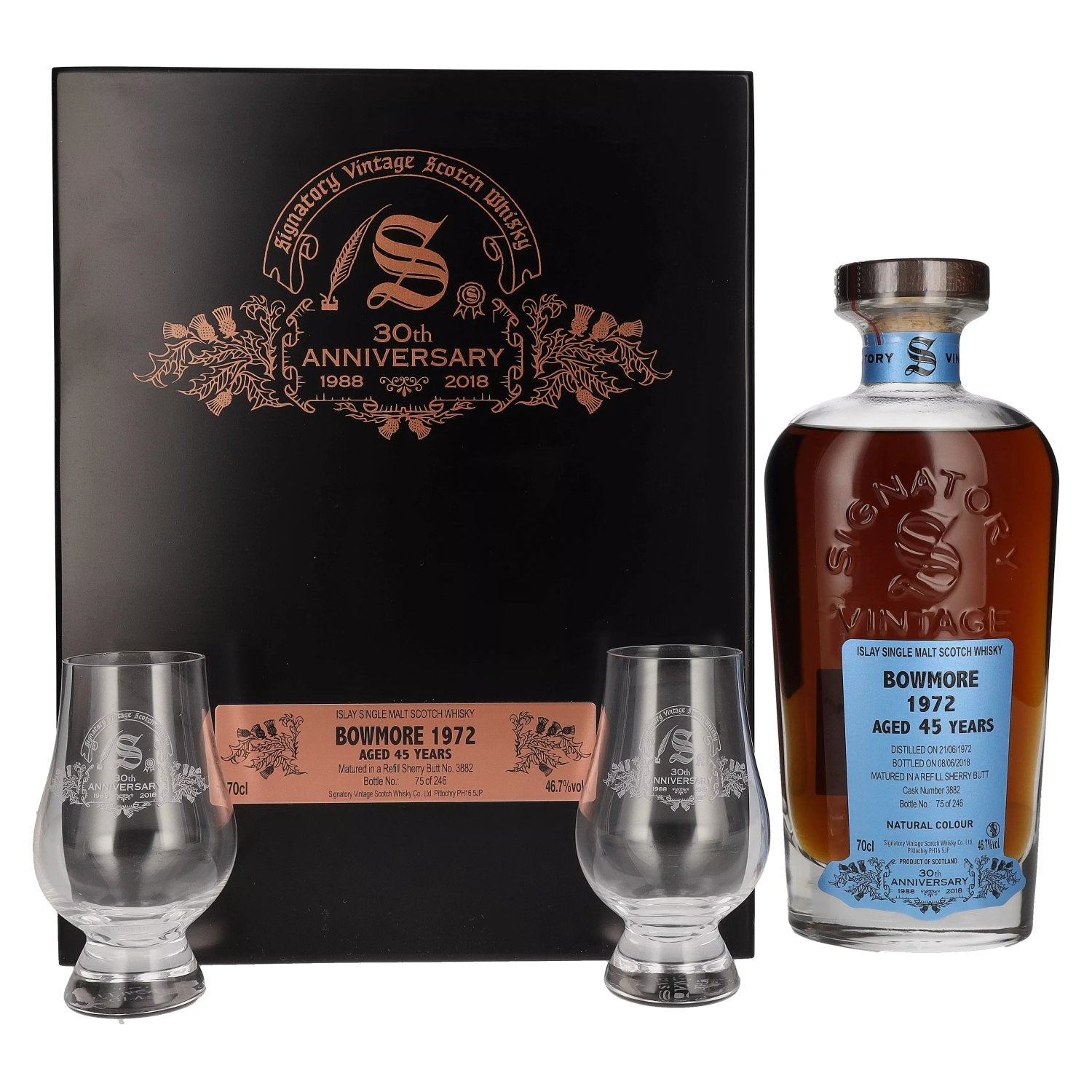 Signatory Vintage BOWMORE 45 Years Old 30th ANNIVERSARY 1972 46,7% vol. 0,7l dans une caisse en bois avec 2 verres