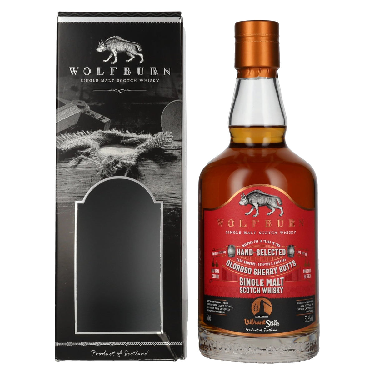 Wolfburn VIBRANT STILLS 10 ans d'âge, fûts de sherry Oloroso, 57,8 % vol., 0,7 l, dans un coffret cadeau