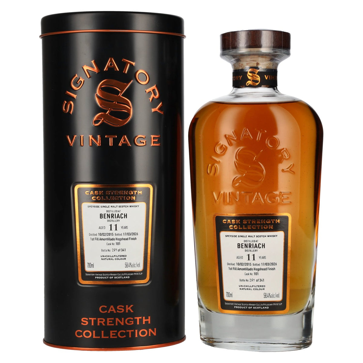 Signatory Vintage Benriach 11 ans d'âge, fût d'Amontillado de premier remplissage, brut de fût n° 101, 2015, 58,4 % vol., 0,7 l dans une boîte en fer-blanc