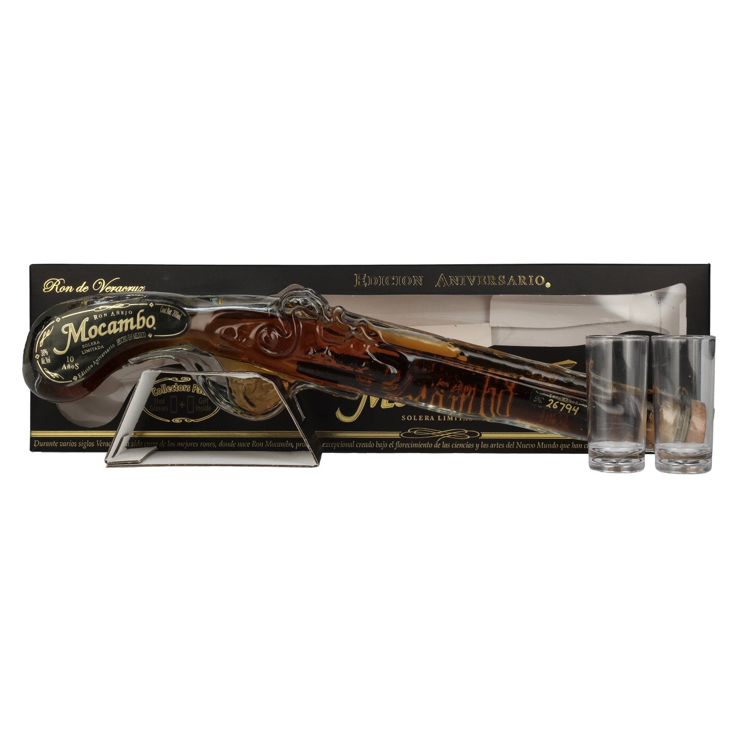 Mocambo Ron Añejo 10 Years Solera Limitada Edición Anniversario Buccaneer Pistol 40% Vol. 0,2l in gift box with 2 shot glasses