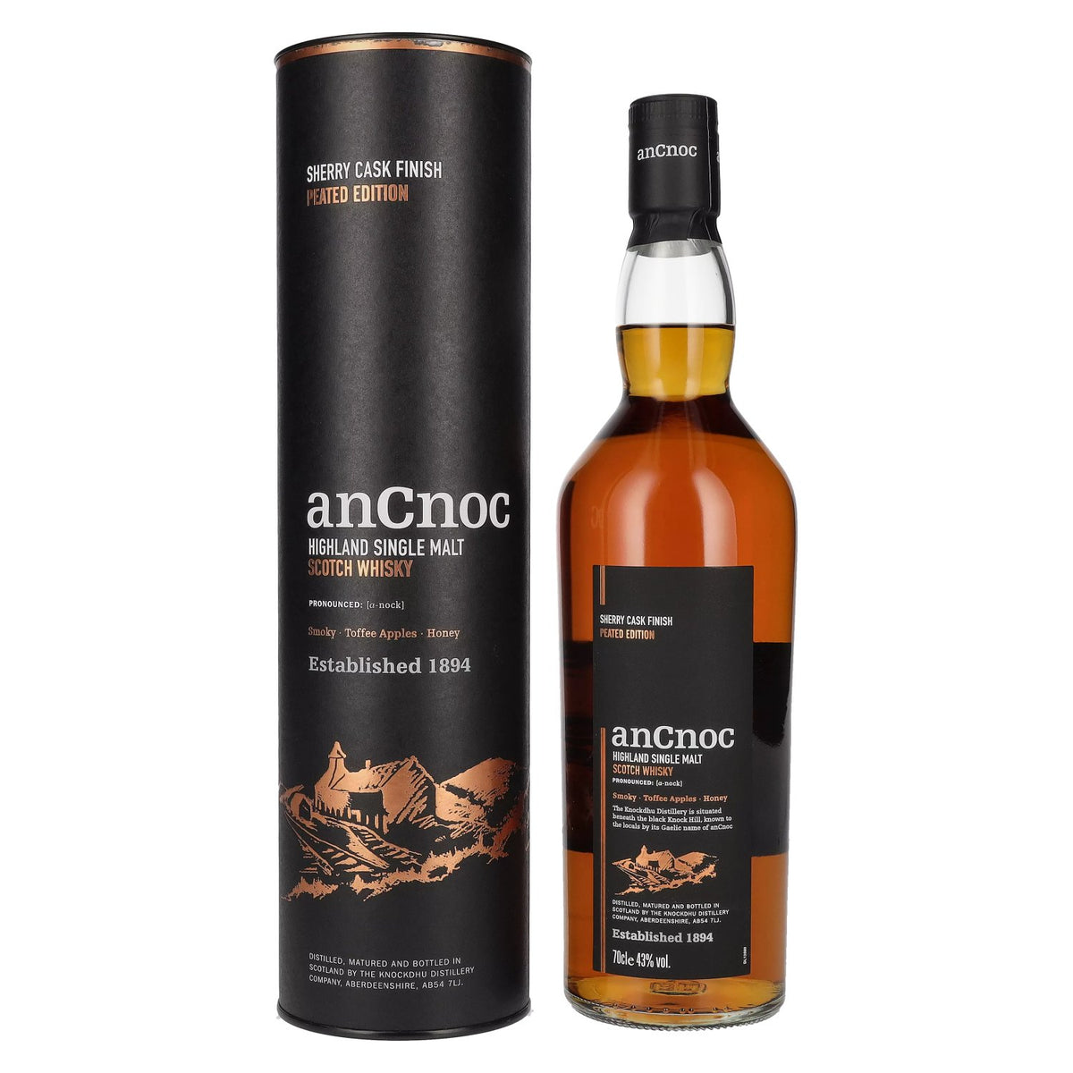 AnCnoc Highland Single Malt Scotch Whisky Sherry Cask Finish Peated Edition 43% Vol. 0,7l in Geschenkbox