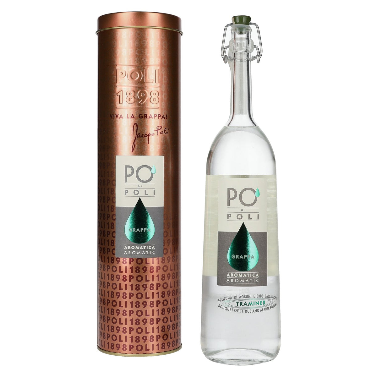Poli Po' Di Poli Grappa Aromatica 40 % vol., 0,7 l, dans une boîte en fer-blanc