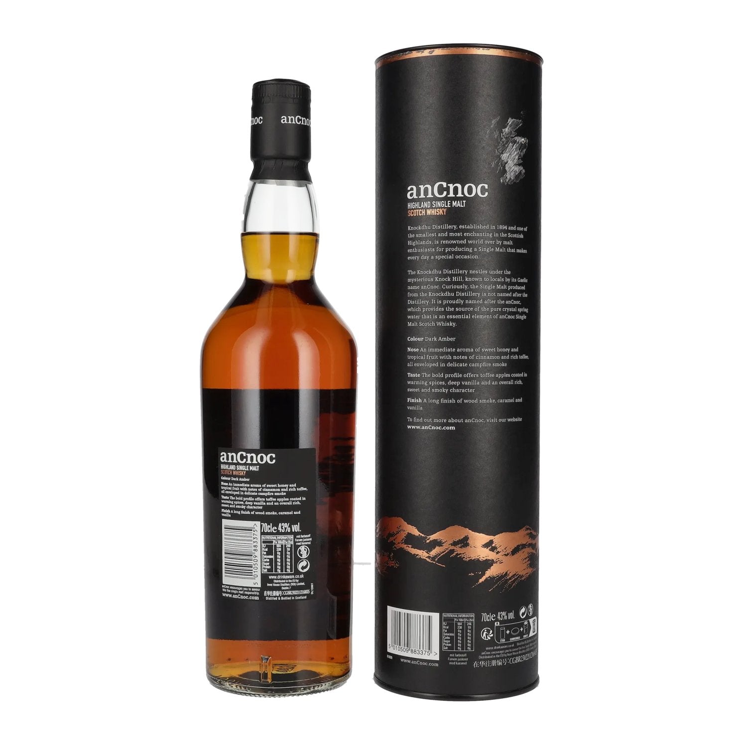 AnCnoc Highland Single Malt Scotch Whisky Sherry Cask Finish Peated Edition 43% Vol. 0,7l in Geschenkbox