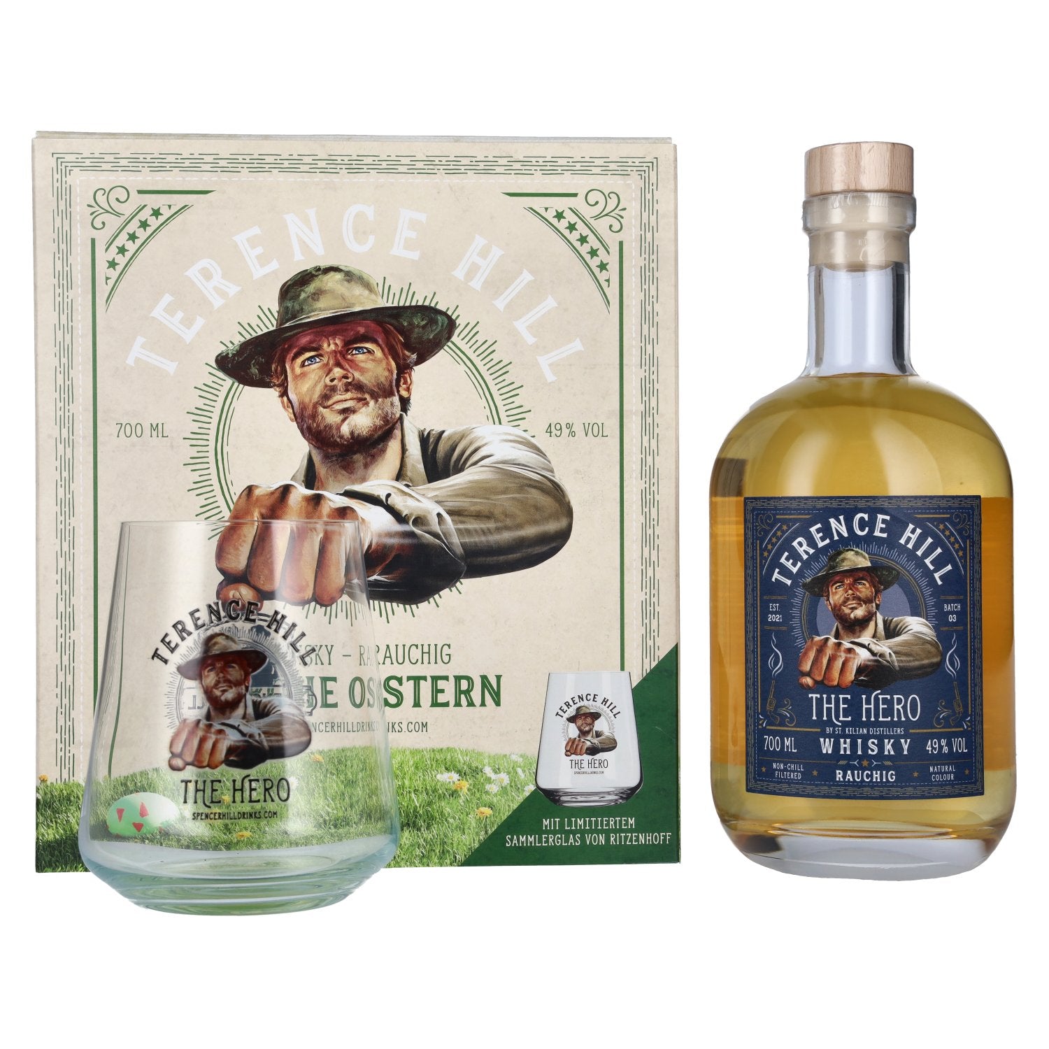 Terence Hill THE HERO Whisky Rauchig FROHE OSTERN Edition 49% Vol. 0,7l in Geschenkbox mit limitiertem Ritzenhoff Sammlerglas