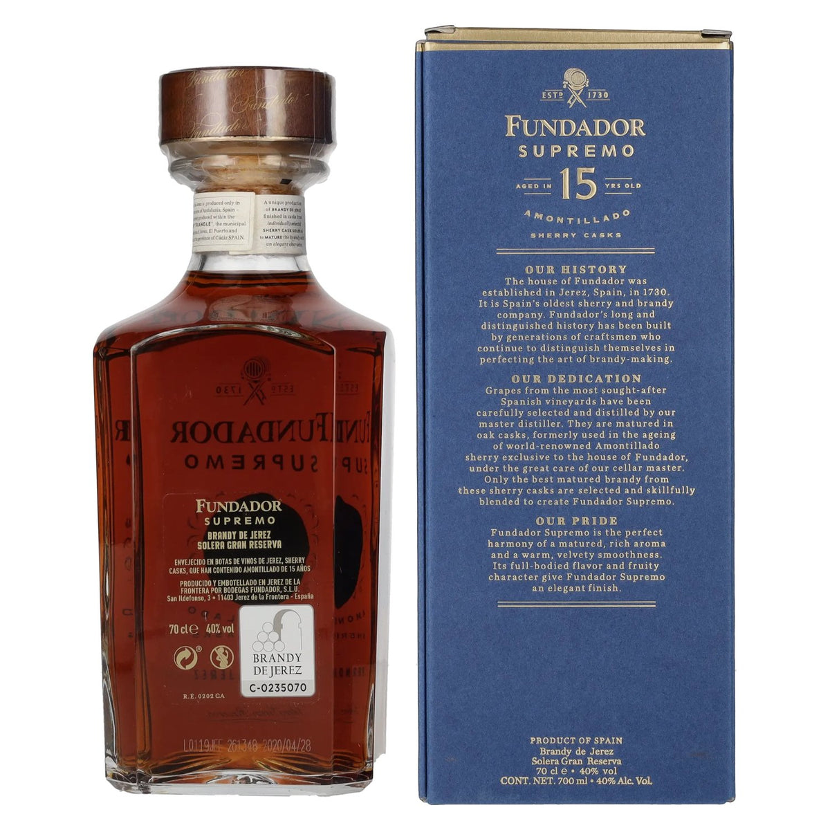 Fundador Supremo 15-Year-Old Sherry Cask Brandy de Jerez 40% ABV, 0.7 litres, in a gift box