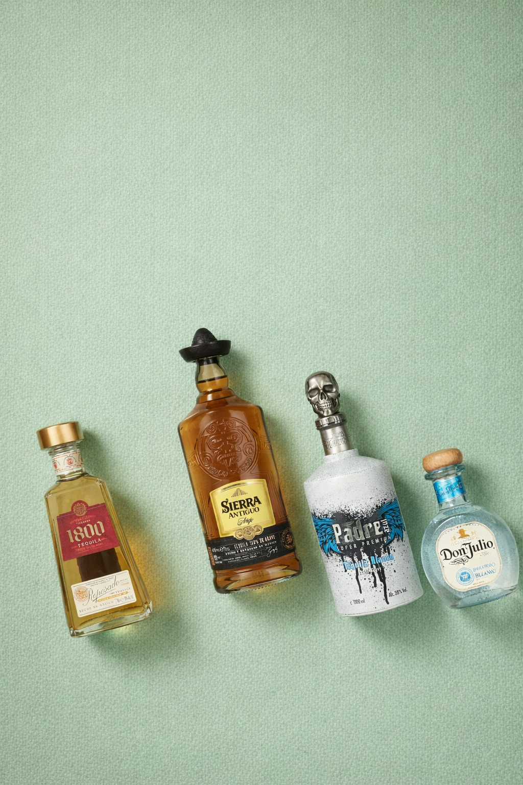 Vier Tequila- und Spirituosenflaschen auf grünem Hintergrund.