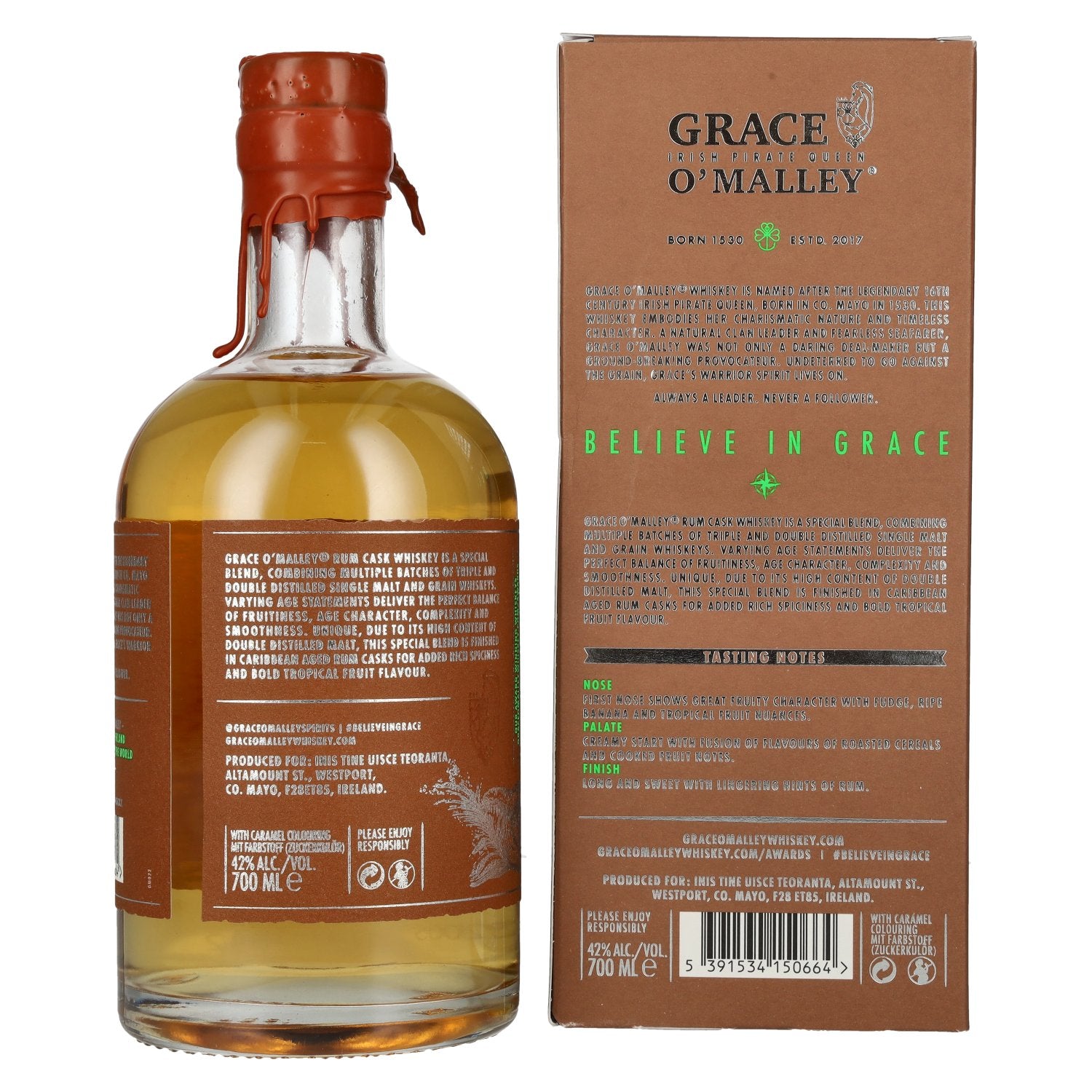 Grace O' Malley Irish Pirate Queen Whiskey Rum Cask 42% Vol. 0,7l in gift box