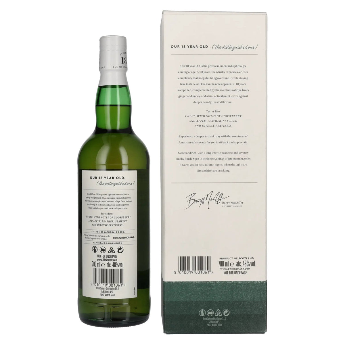 Laphroaig 18 ans d'âge, whisky single malt d'Islay, 48 % vol., 0,7 l, dans un coffret cadeau