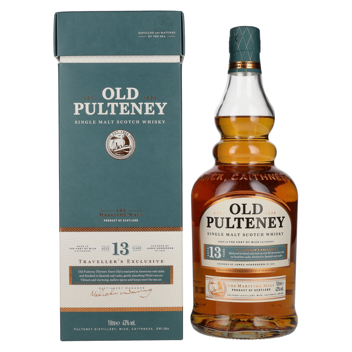 Old Pulteney 13-Year-Old Single Malt Scotch Whisky, 43% vol., 1 litre, in a gift box
