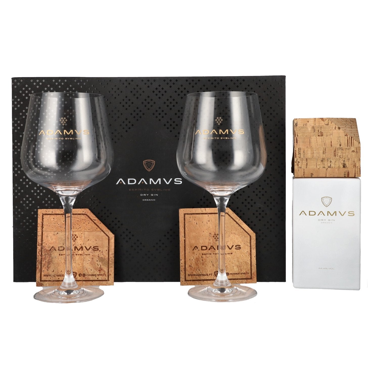Adamus Dry Gin Organic Limited Edition 2020 44,4% Vol. 0,7l in Geschenkbox mit 2 Gläsern & Kork Untersetzer
