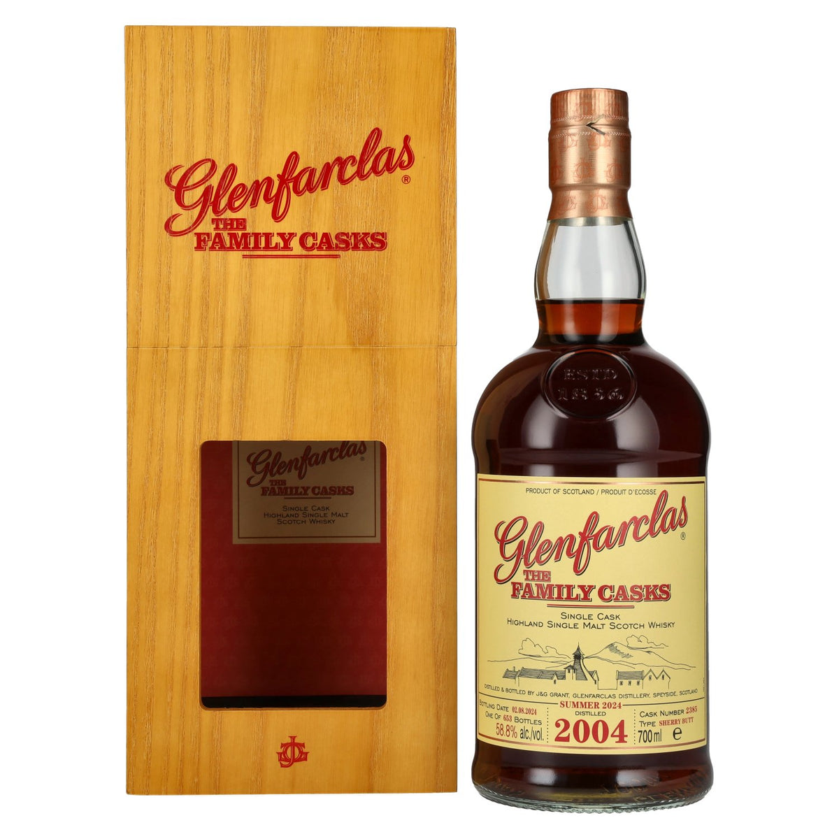 Glenfarclas THE FAMILY CASKS Single Cask SUMMER 2024 Sherry Butt n° 2385 2004 58,8 % vol. 0,7 l dans un coffret en bois