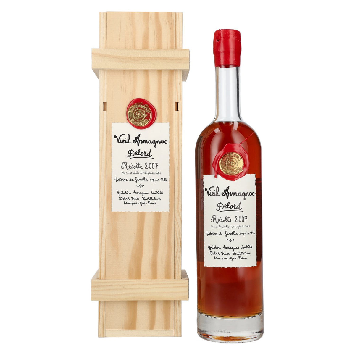 Oude Armagnac Delord Vintage Récolte 2007 40% vol. 0,7 l in houten kist