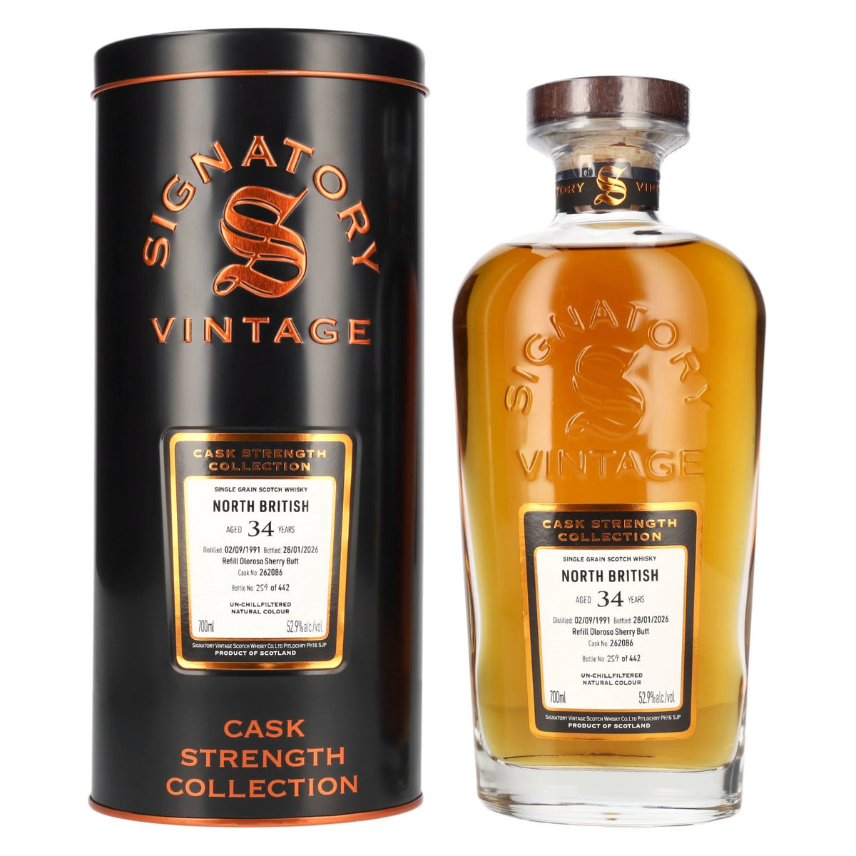 Signatory Vintage NORTH BRITISH 34 Years Old Refill Oloroso Cask Strength #262086 1991 52,9% vol. 0,7 l in blikken doos