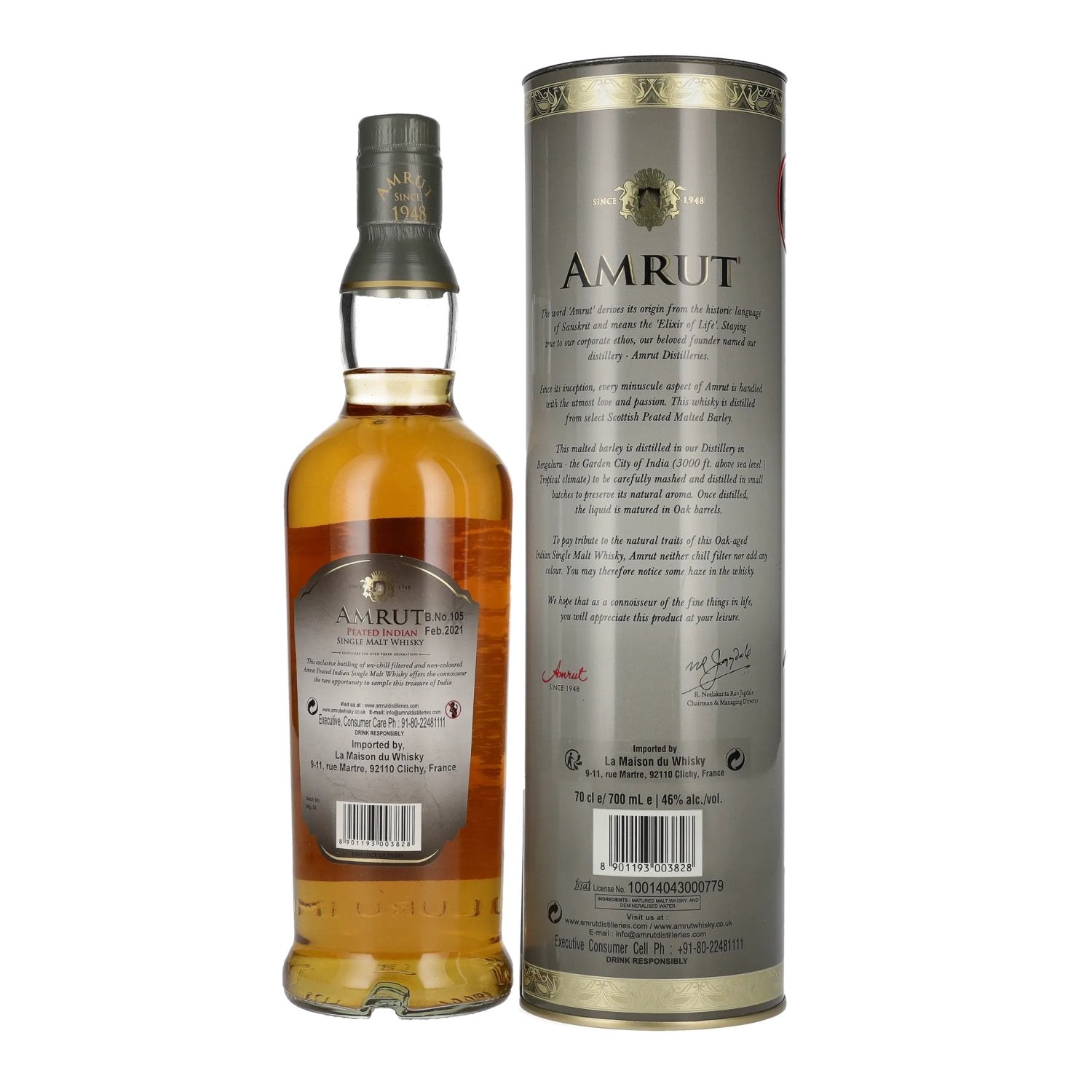 Amrut PEATED Indiase Single Malt Whisky 46% Vol. 0,7l in Blik
