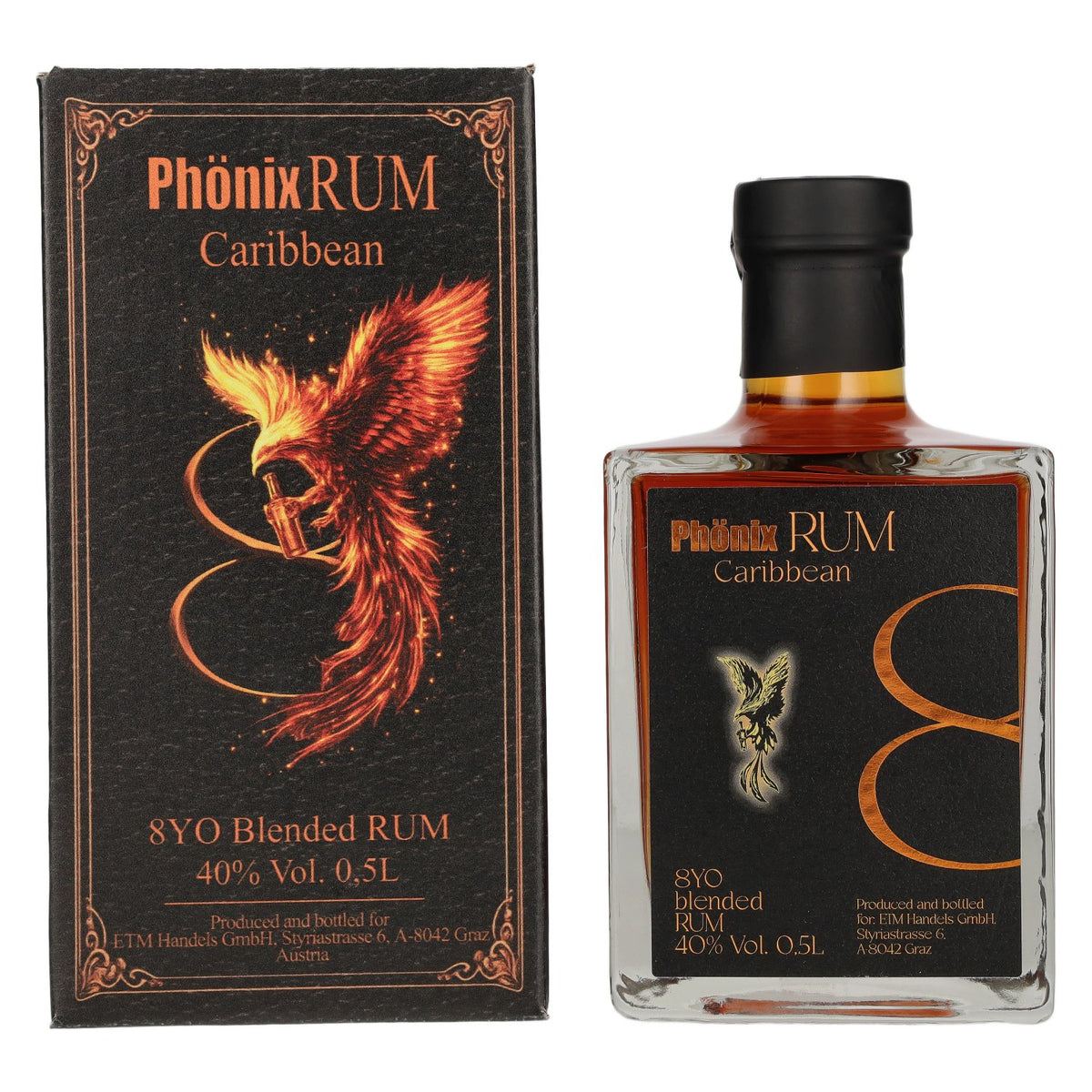 Phönix 8 Years Old Blended Caribbean Rum Black Design 40% vol. 0.5 l in a gift box