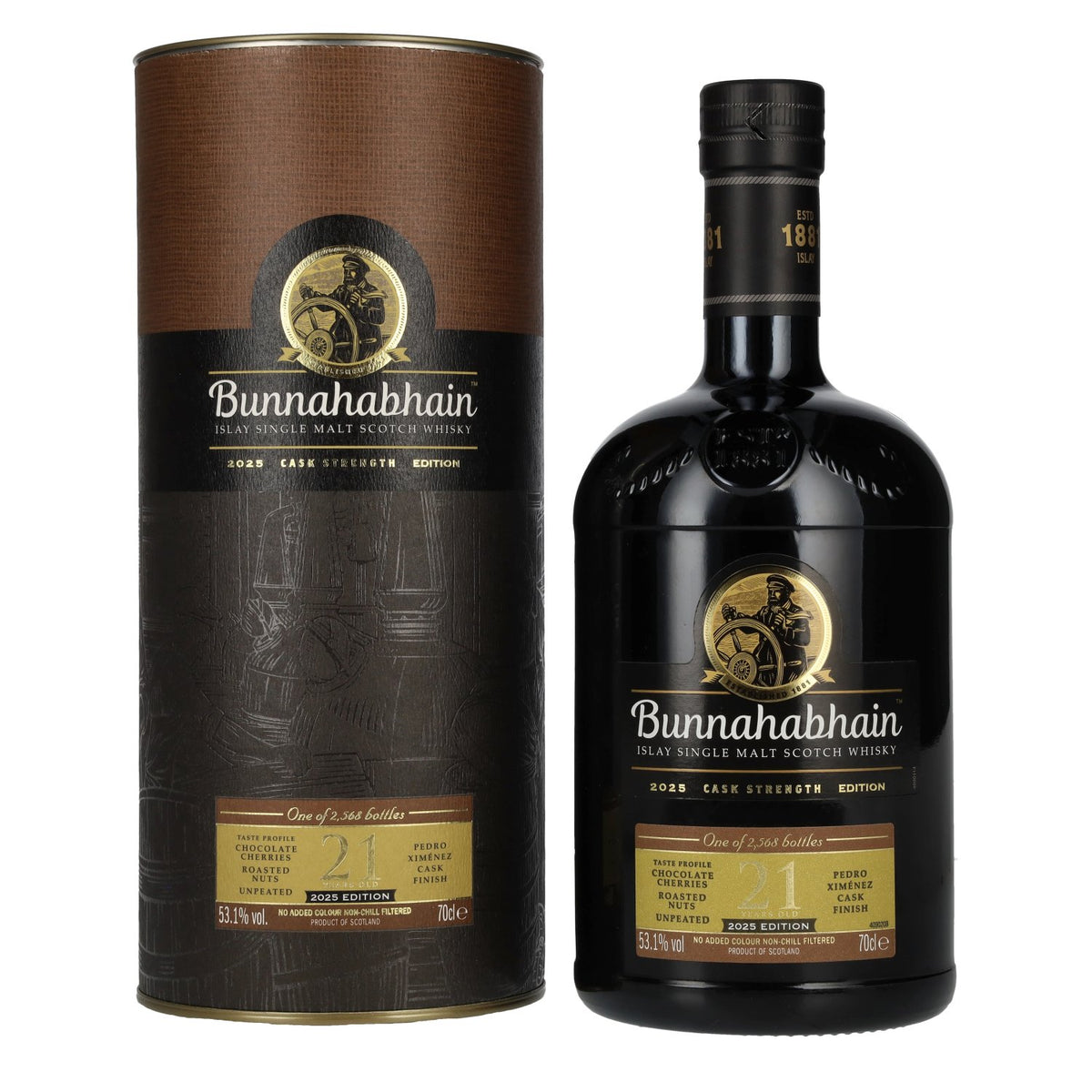 Bunnahabhain 21 ans d'âge, single malt d'Islay, édition « Cask Strength » 2025, 53,1 % vol., 0,7 l, dans un coffret cadeau