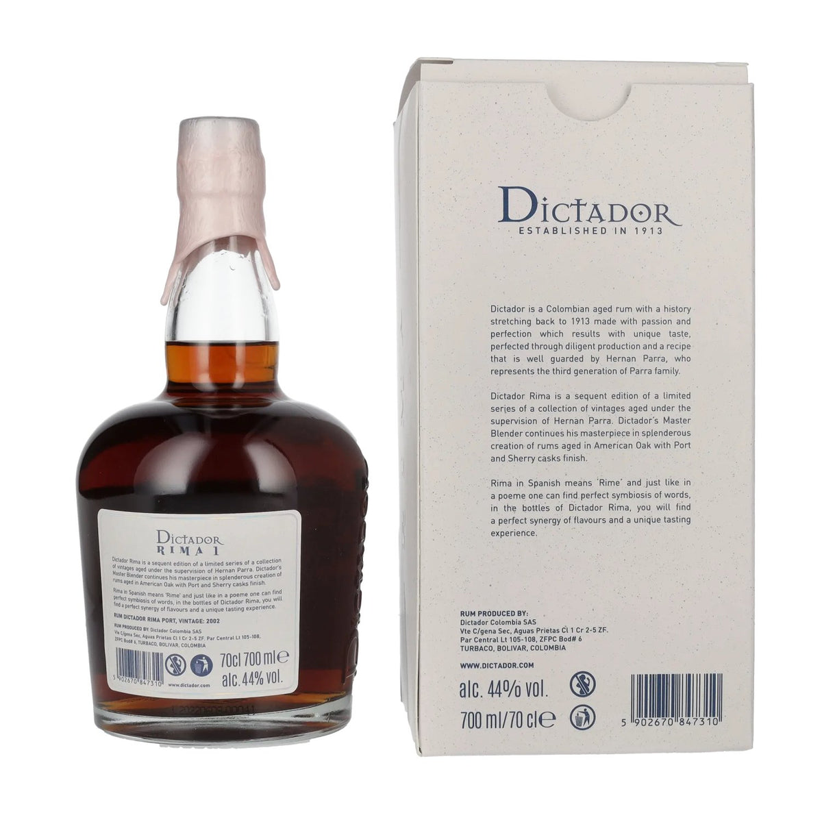 Dictador RIMA 1 20 ans d'âge Old Port CASK Millésime 2002 44 % vol. 0,7 l dans un coffret cadeau
