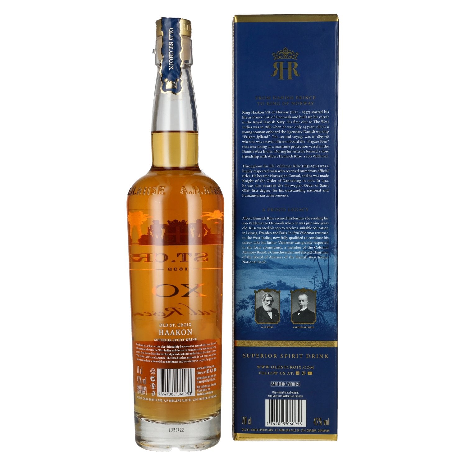 Oud St. Croix A.H. Riise X.O. HAAKON ROYAL RESERVE Superieure gedistilleerde drank 42% Vol. 0,7l in geschenkverpakking
