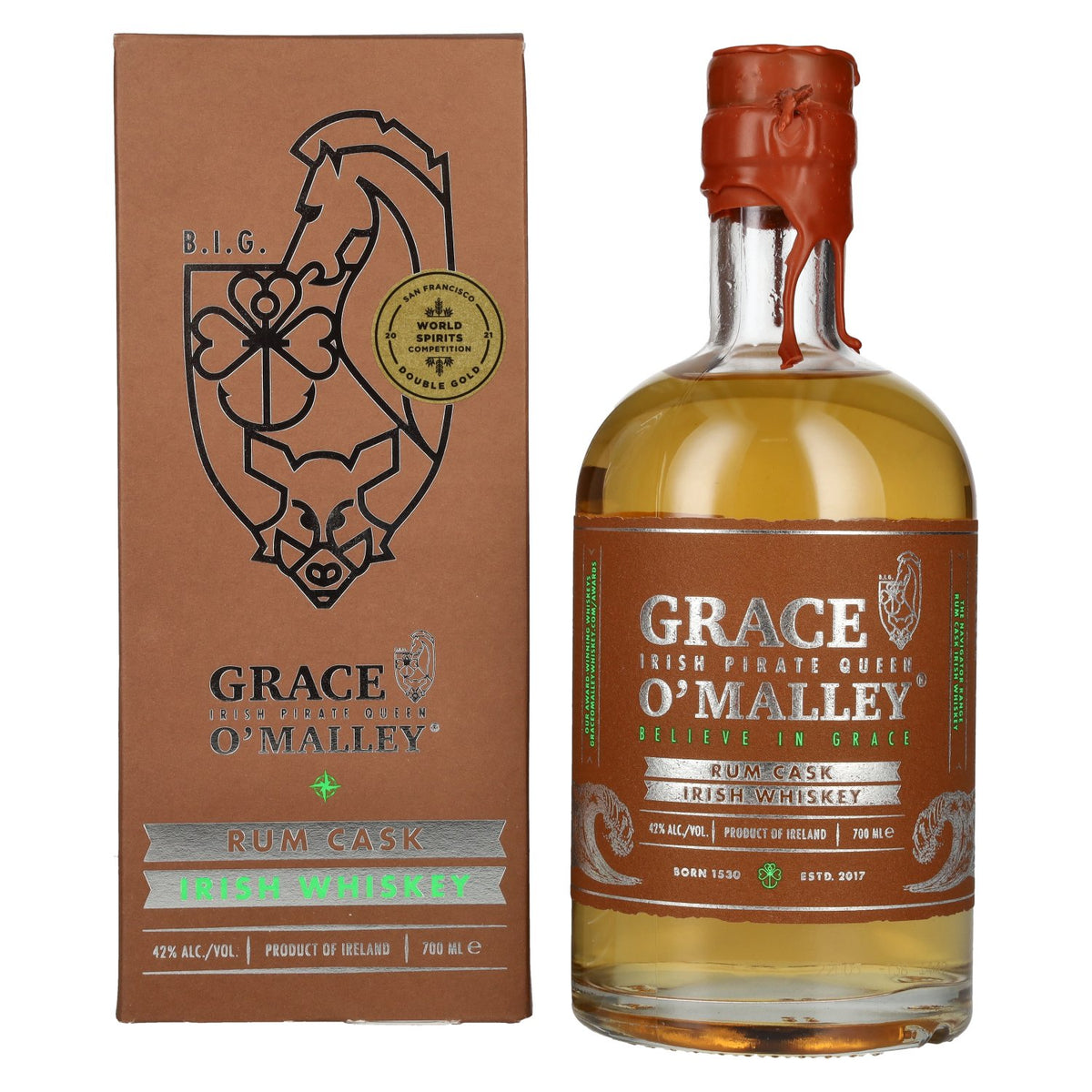 Grace O' Malley, la reine pirate irlandaise – Whisky vieilli en fût de rhum, 42 % vol., 0,7 l, dans un coffret cadeau