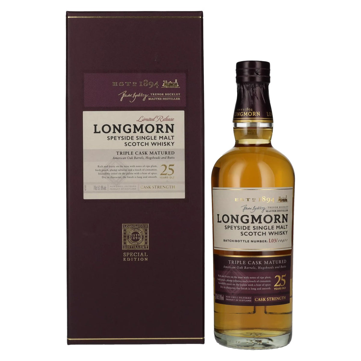 Whisky single malt écossais Longmorn 25 ans d'âge, Speyside, 52,8 % vol., 0,7 l, dans un coffret cadeau
