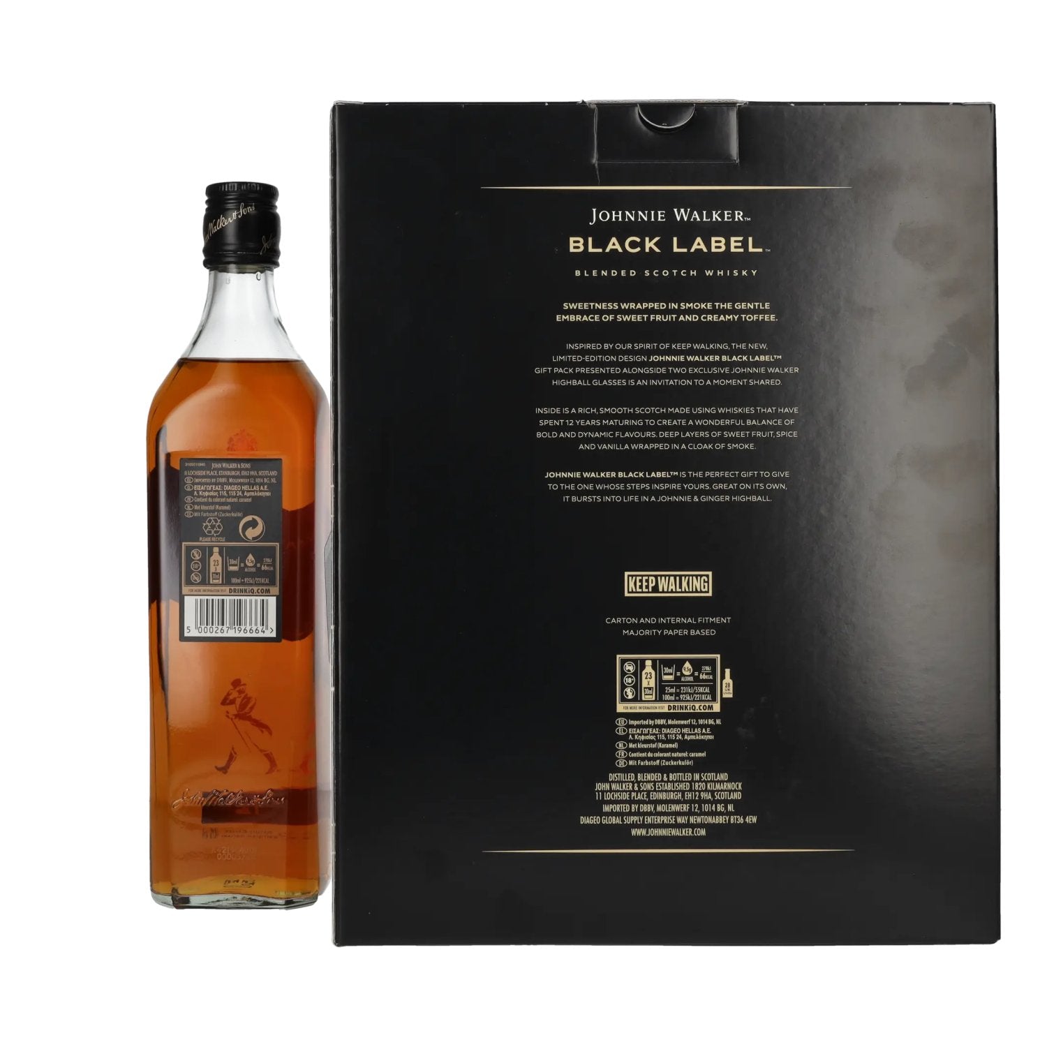 Johnnie Walker BLACK LABEL 12 Years Old Blended Scotch Whisky 40% Vol. 0,7l in gift box with 2 highball glasses
