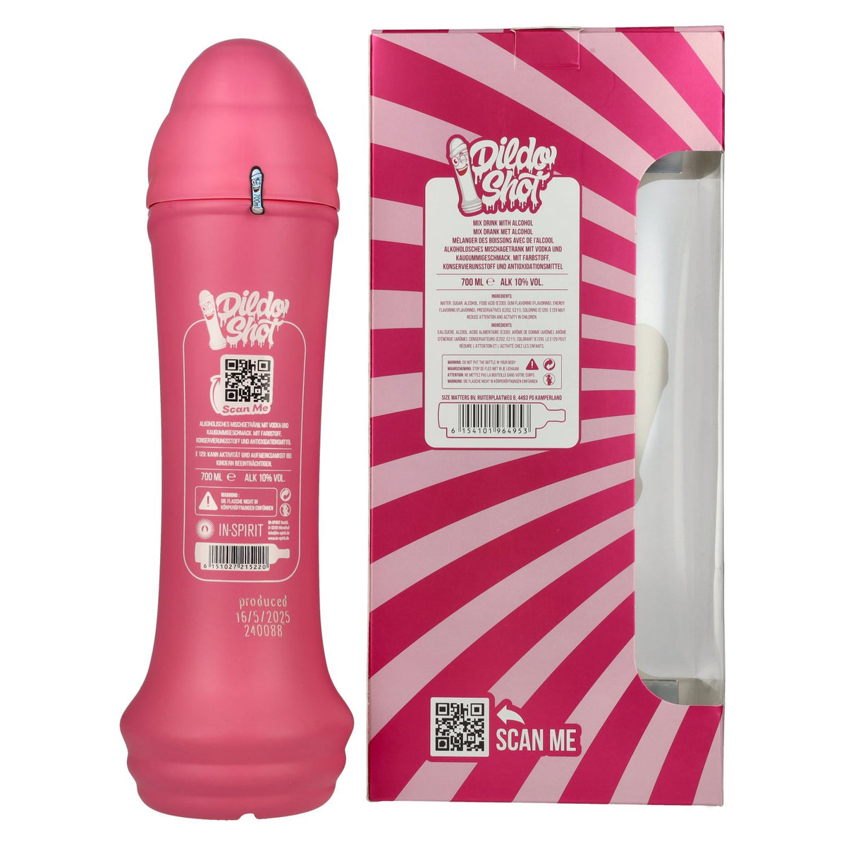 Dildo Shot Bubblegum op basis van wodka, 10% vol., 0,7 l in een geschenkverpakking met 2 glazen