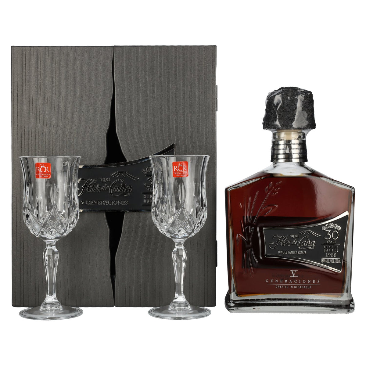 Flor de Caña 30 Years Old V Generaciones Single Barrel 1988 45% Vol. 0,7l in Geschenkbox mit 2 Stielgläsern