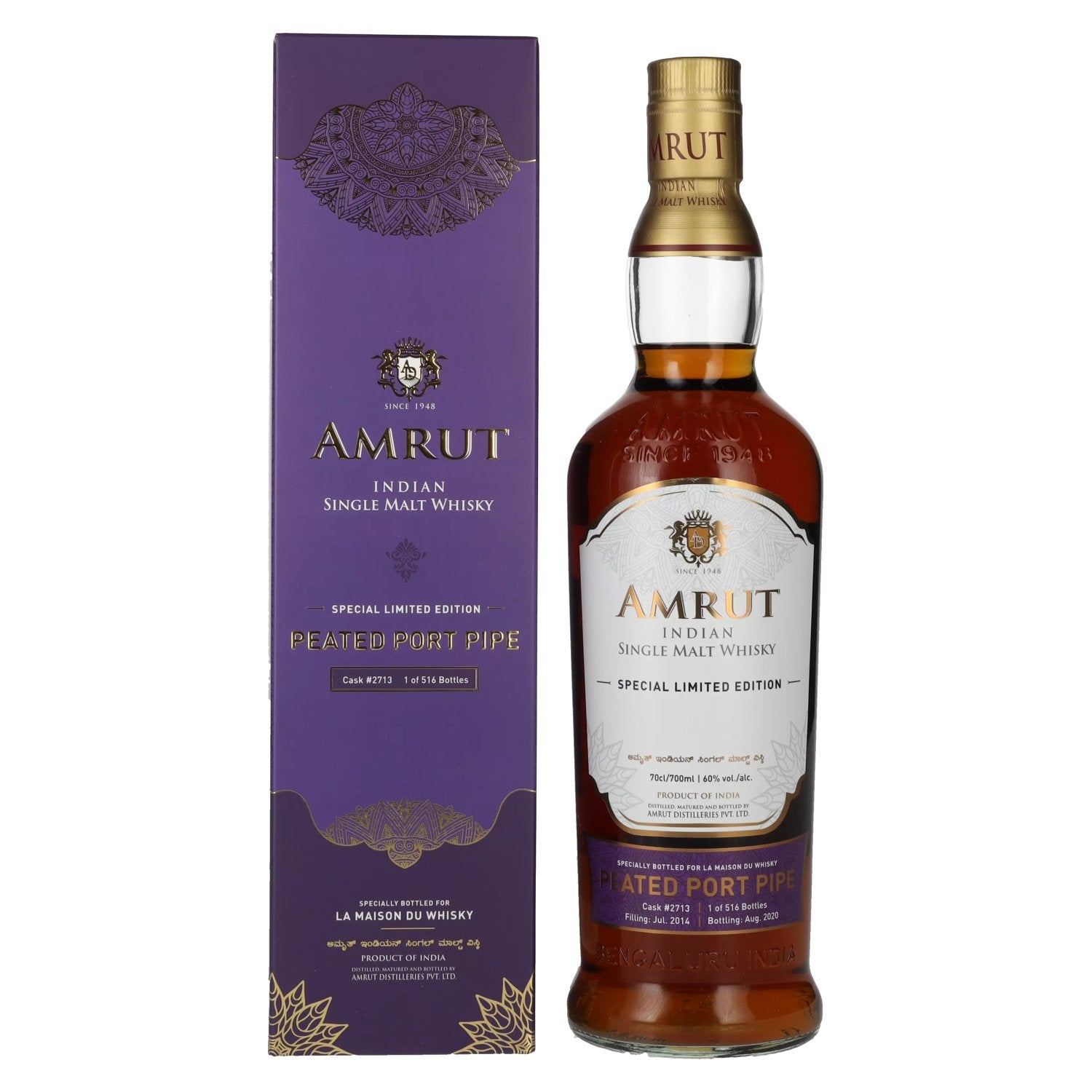Amrut PORT PIPE Indiase Single Malt Whisky 60% Vol. 0,7l in geschenkverpakking