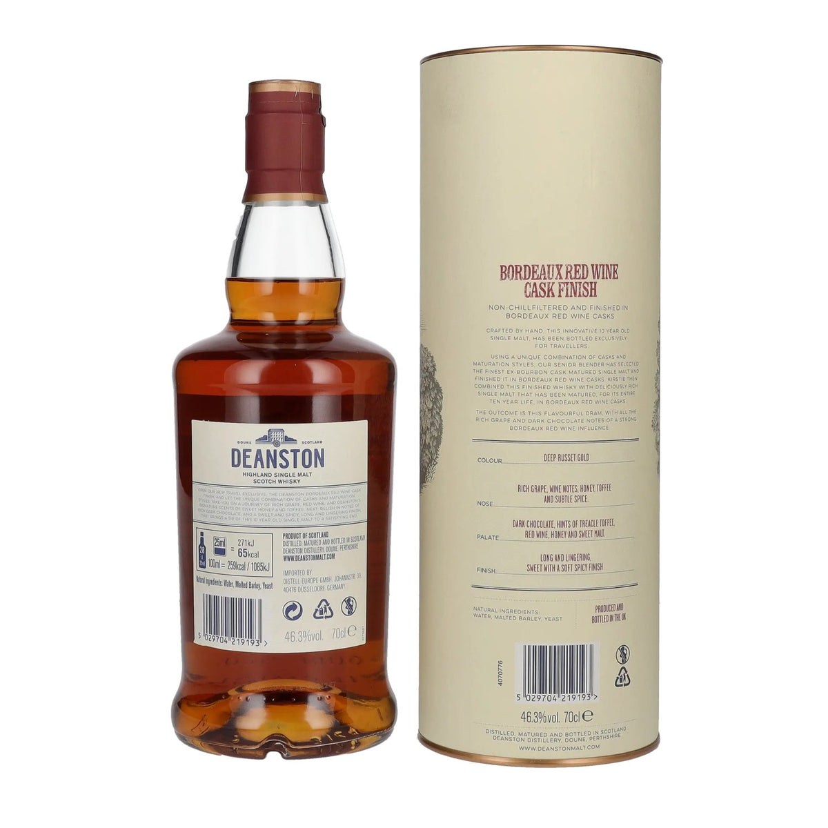 Deanston 10 ans d'âge, single malt des Highlands, finition en fût de vin rouge de Bordeaux, 46,3 % vol., 0,7 l, dans un coffret cadeau