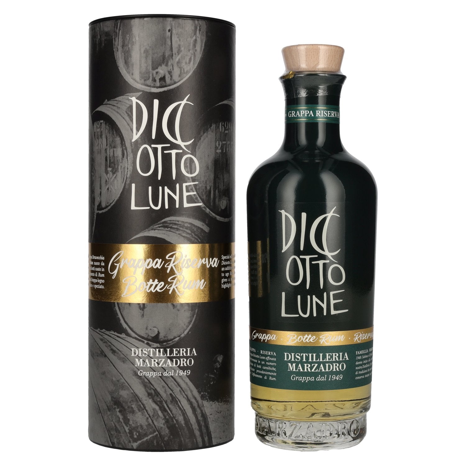 Marzadro DICIOTTO Lune Grappa Riserva Botte Rum 42% Vol. 0,5l in geschenkverpakking