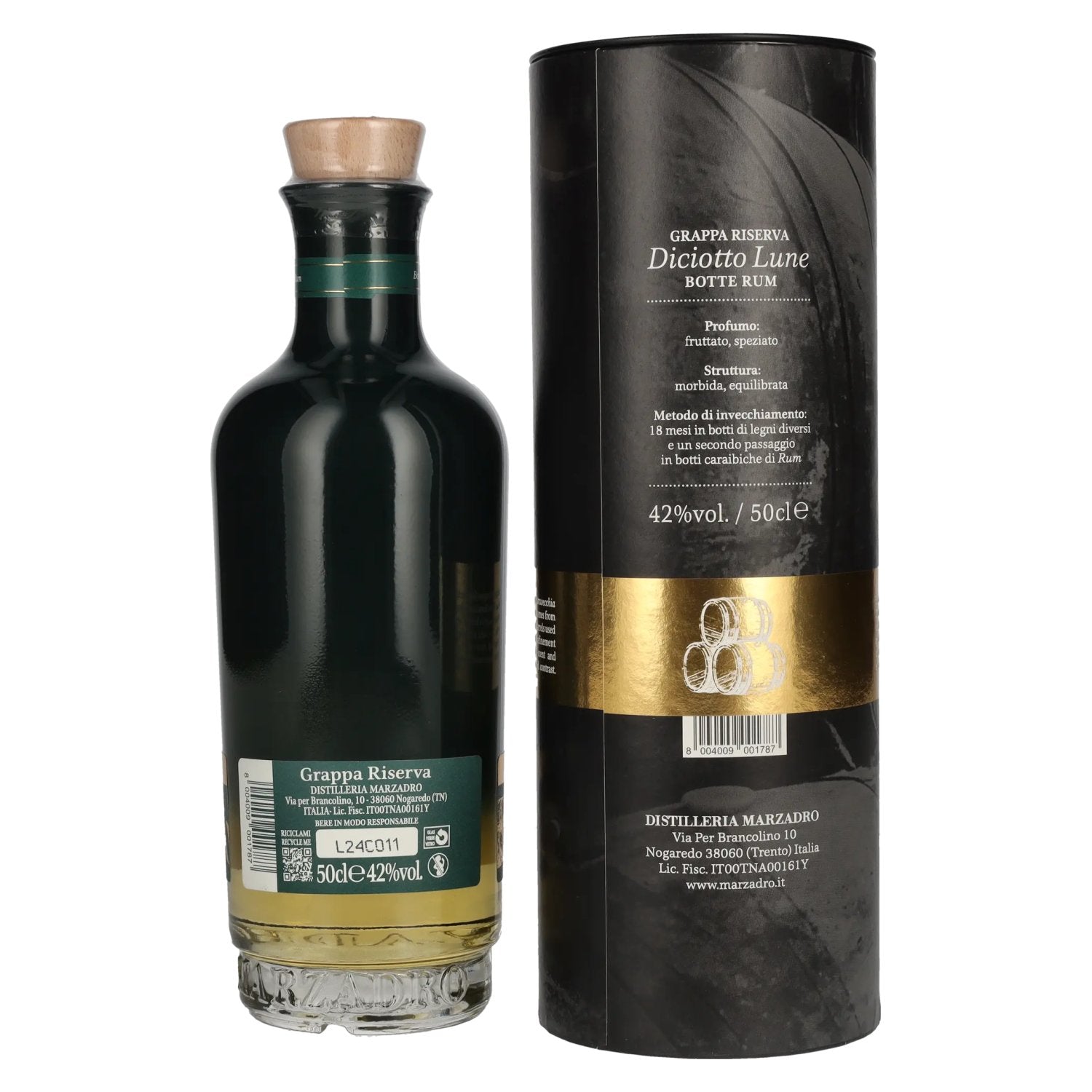 Marzadro DICIOTTO Lune Grappa Riserva Botte Rum 42% Vol. 0.5l in gift box