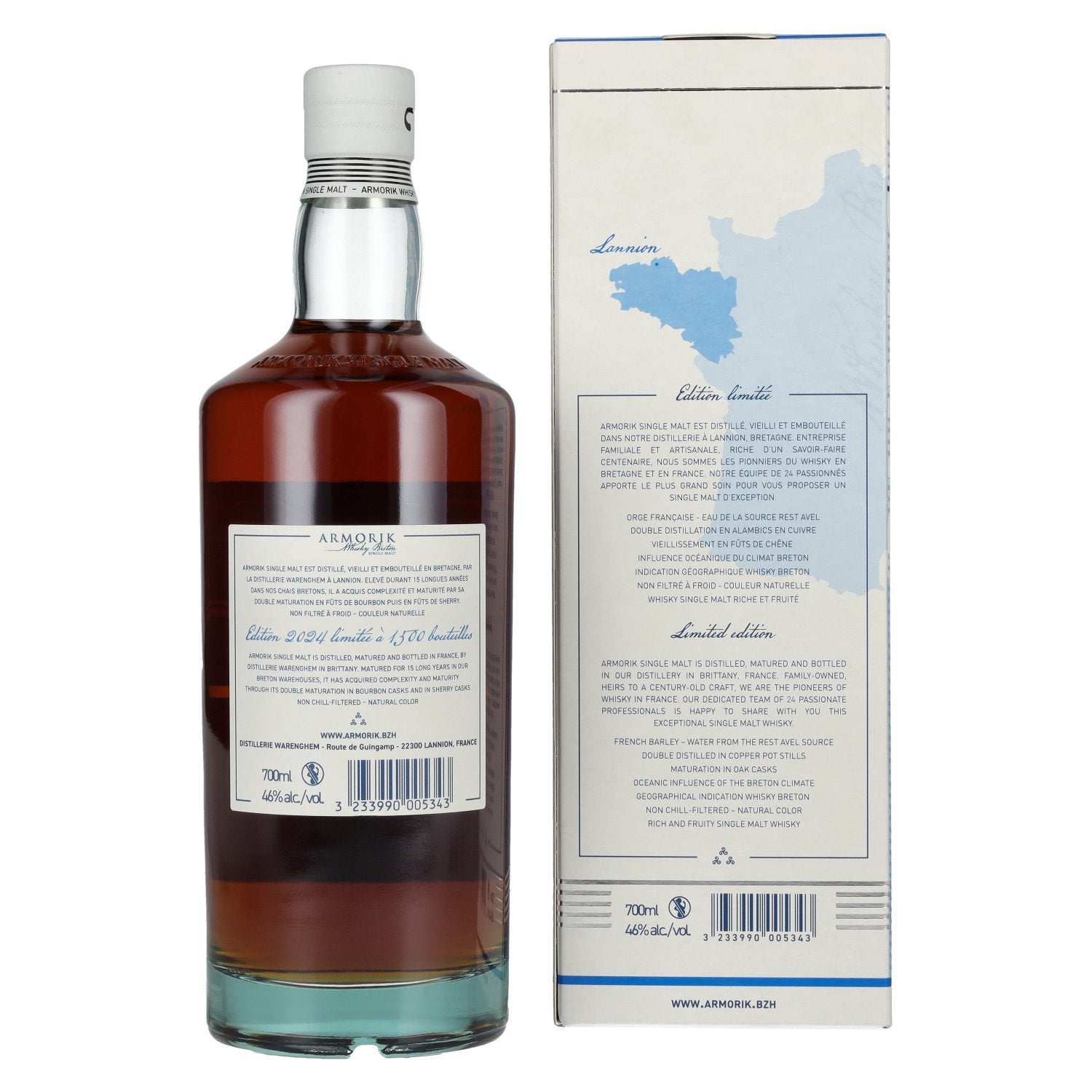 Armorik 15 Ans Whisky Breton Single Malt Edition Limitée 46% Vol. 0,7l en coffret cadeau