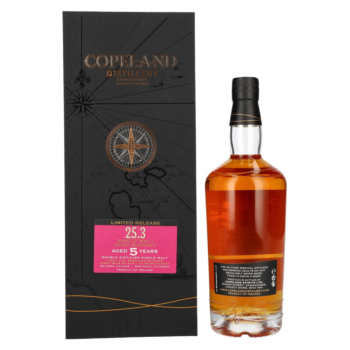 Whisky irlandais single malt Copeland Distillery, 5 ans d'âge, édition limitée 25.3, 46 % vol., 0,7 l, dans un coffret cadeau