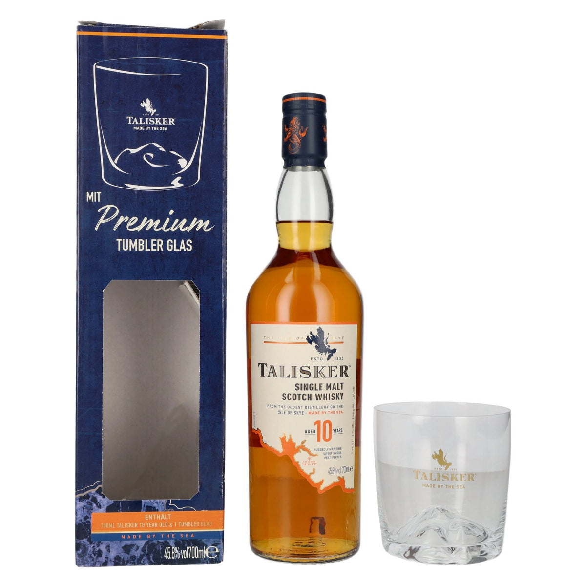 Whisky single malt écossais Talisker 10 ans d'âge, 45,8 % vol., 0,7 l, dans un coffret cadeau avec un verre à whisky