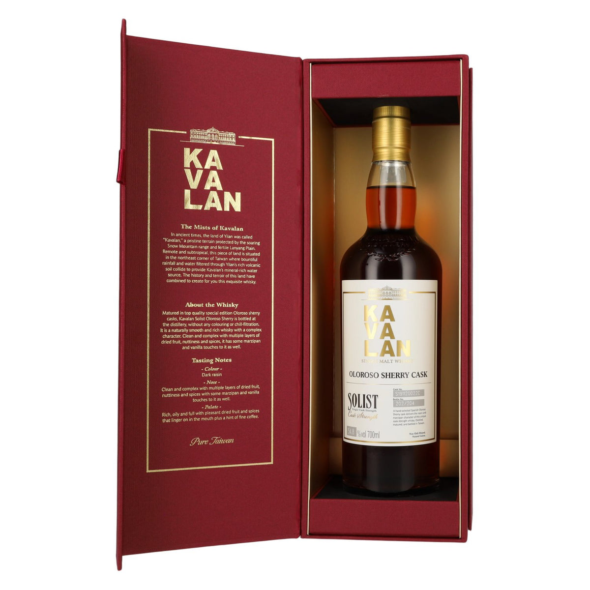 Kavalan SOLIST Single Malt Whisky, Oloroso Sherry Cask, 54.8% ABV, 0.7 litres, in a gift box